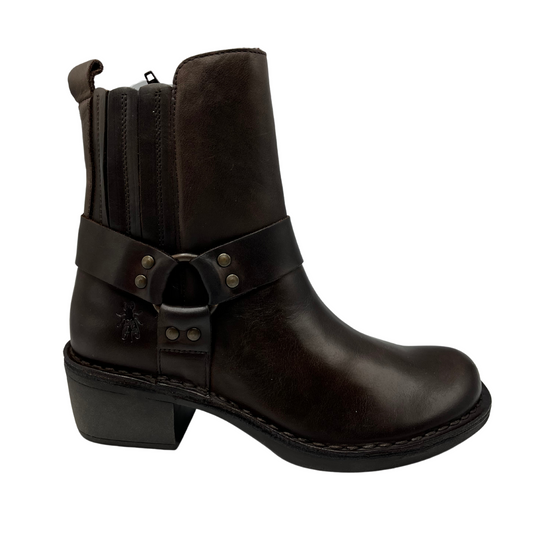 Right facing view of brown leather motorcycle boot with side zipper and block heel.