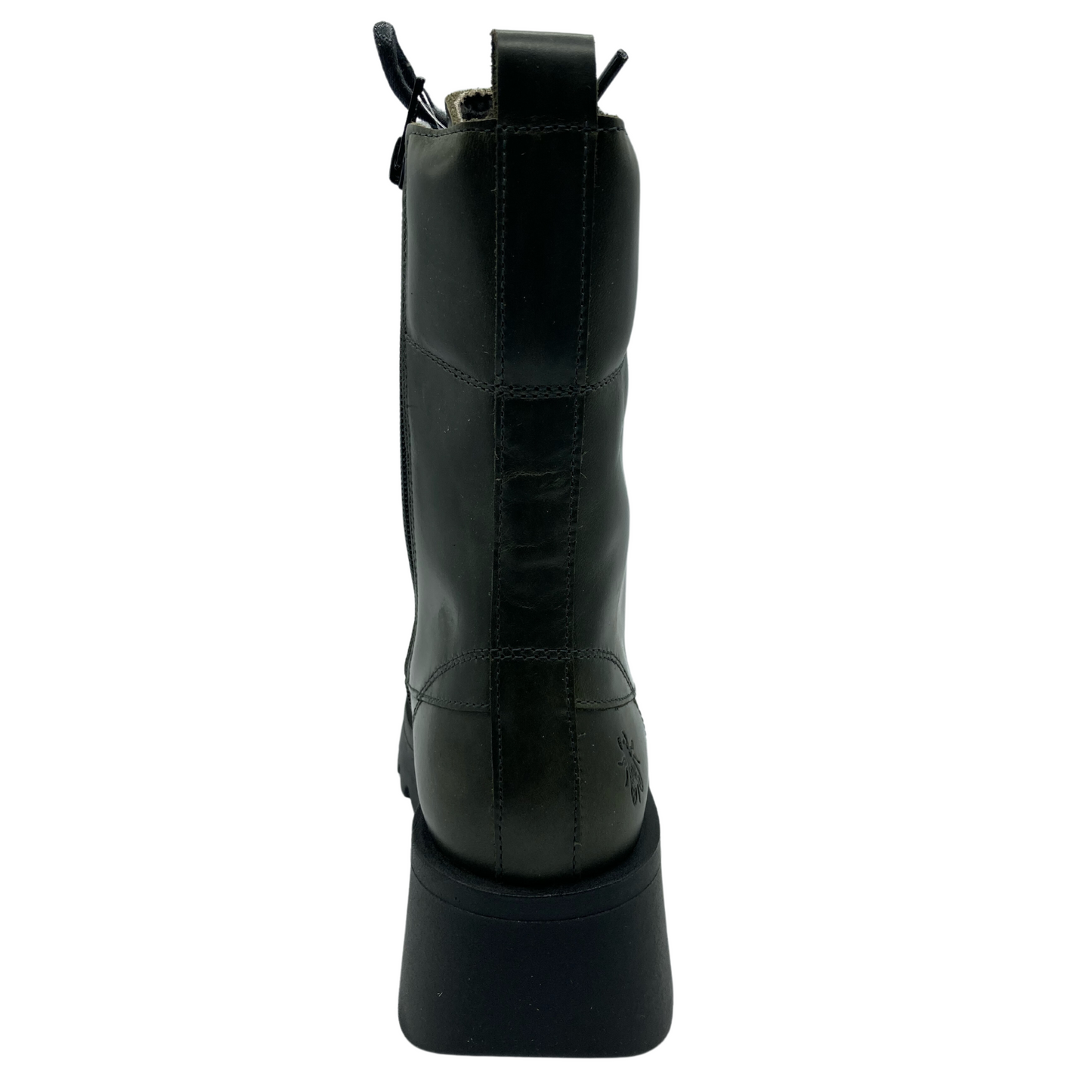 Heel view of calf height green leather boot with black chunky heel