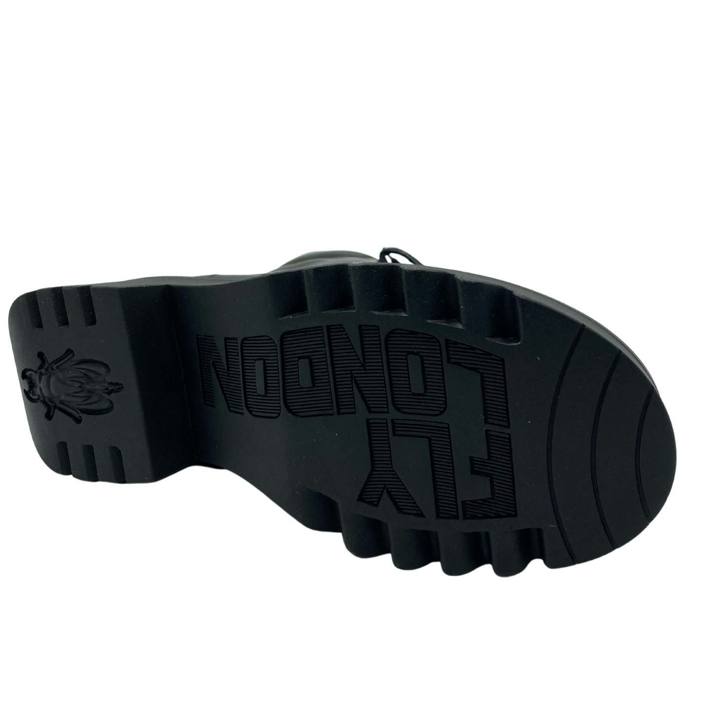 View of the bottom of boot with black rubber sole with embossed Fly London logo