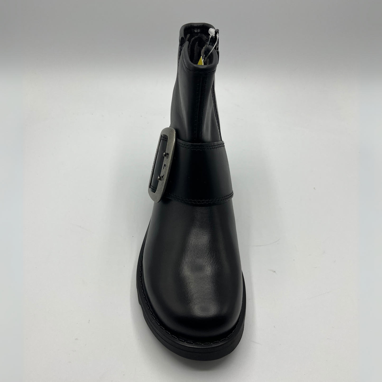 Black rain boot with a strap on a white background
