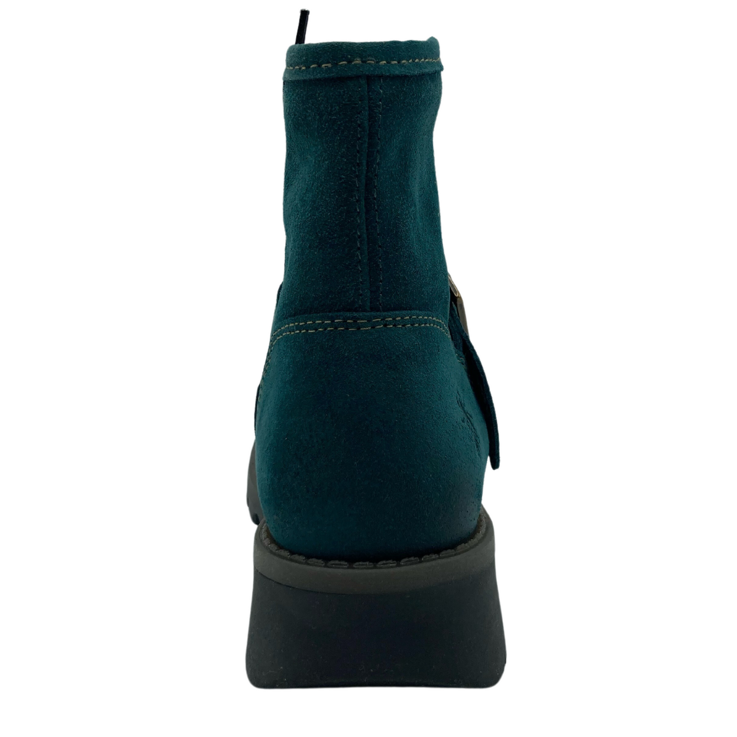Heel view of the back of a dark cyan short boot with grey rubber sole