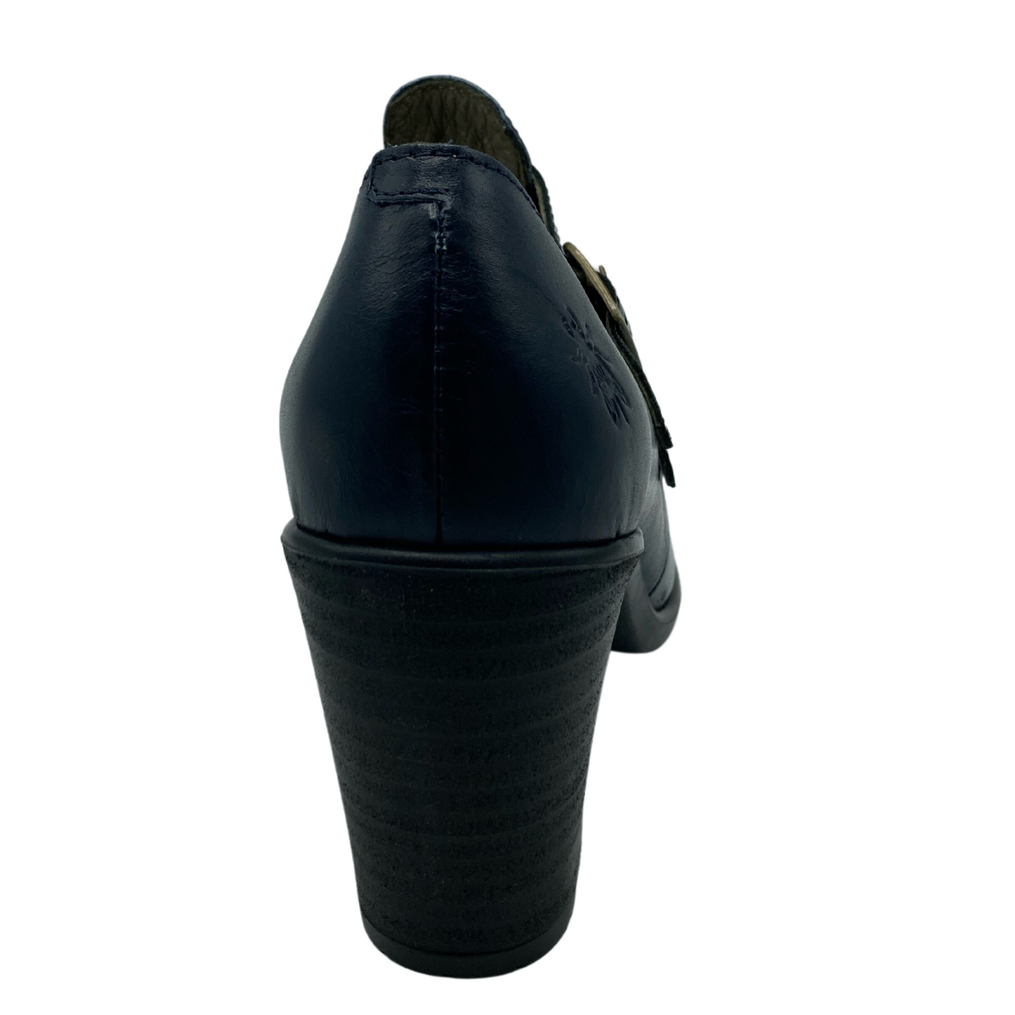 Back view of navy leather shoe with black 3 inch heel