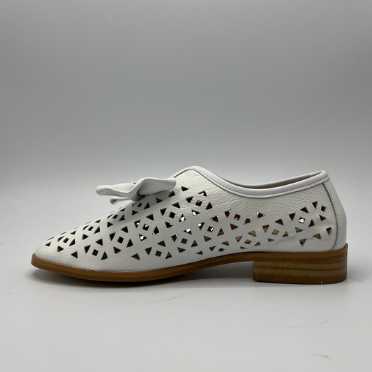 Left facing view of a perforated leather slip on loafer with a low heel and a decorative bow