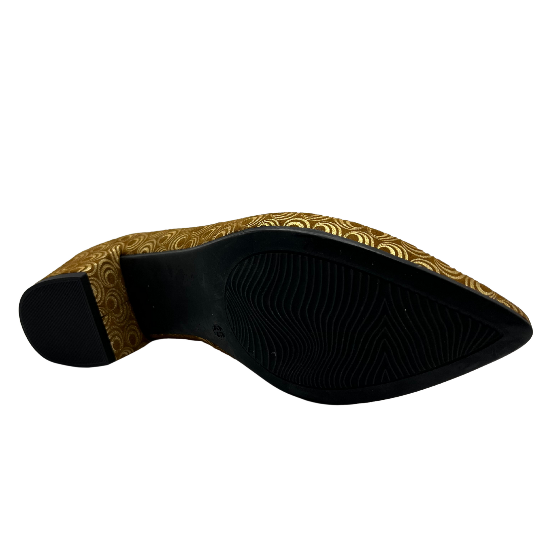Bottom view of metallic gold patterned pump with pointed toe and wrapped block heel.
