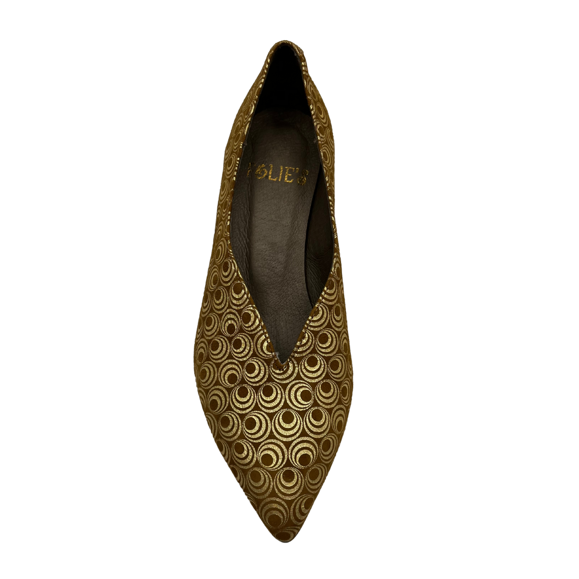 Top view of metallic gold patterned pump with pointed toe and wrapped block heel.