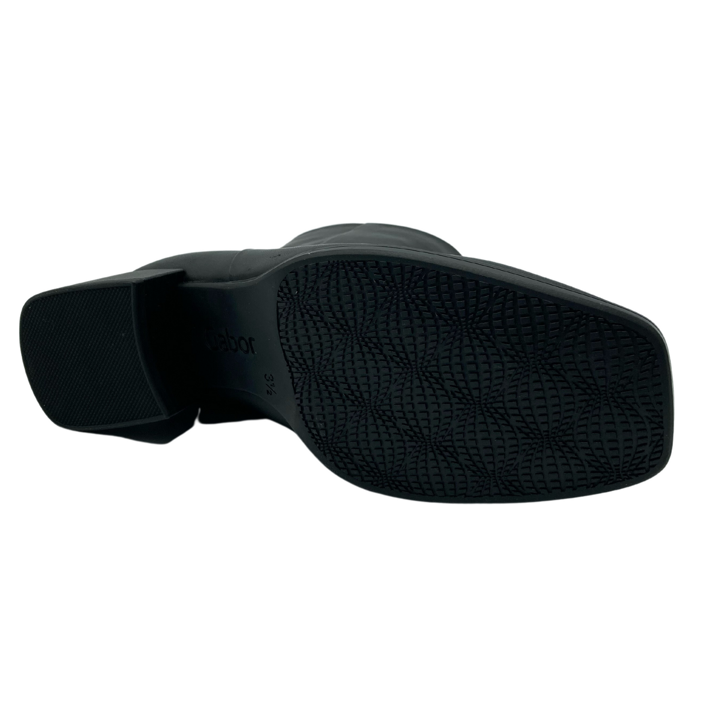 Bottom view of black leather short boot with block heel and square toe