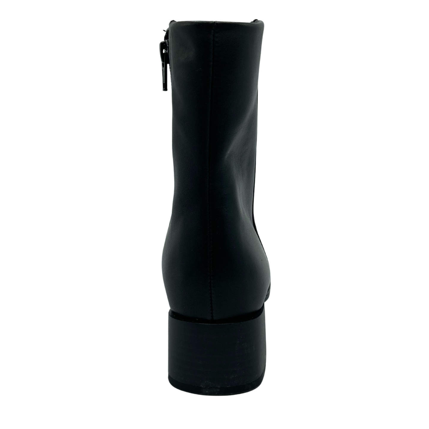 Back view of black leather short boot with block heel and side zipper closure