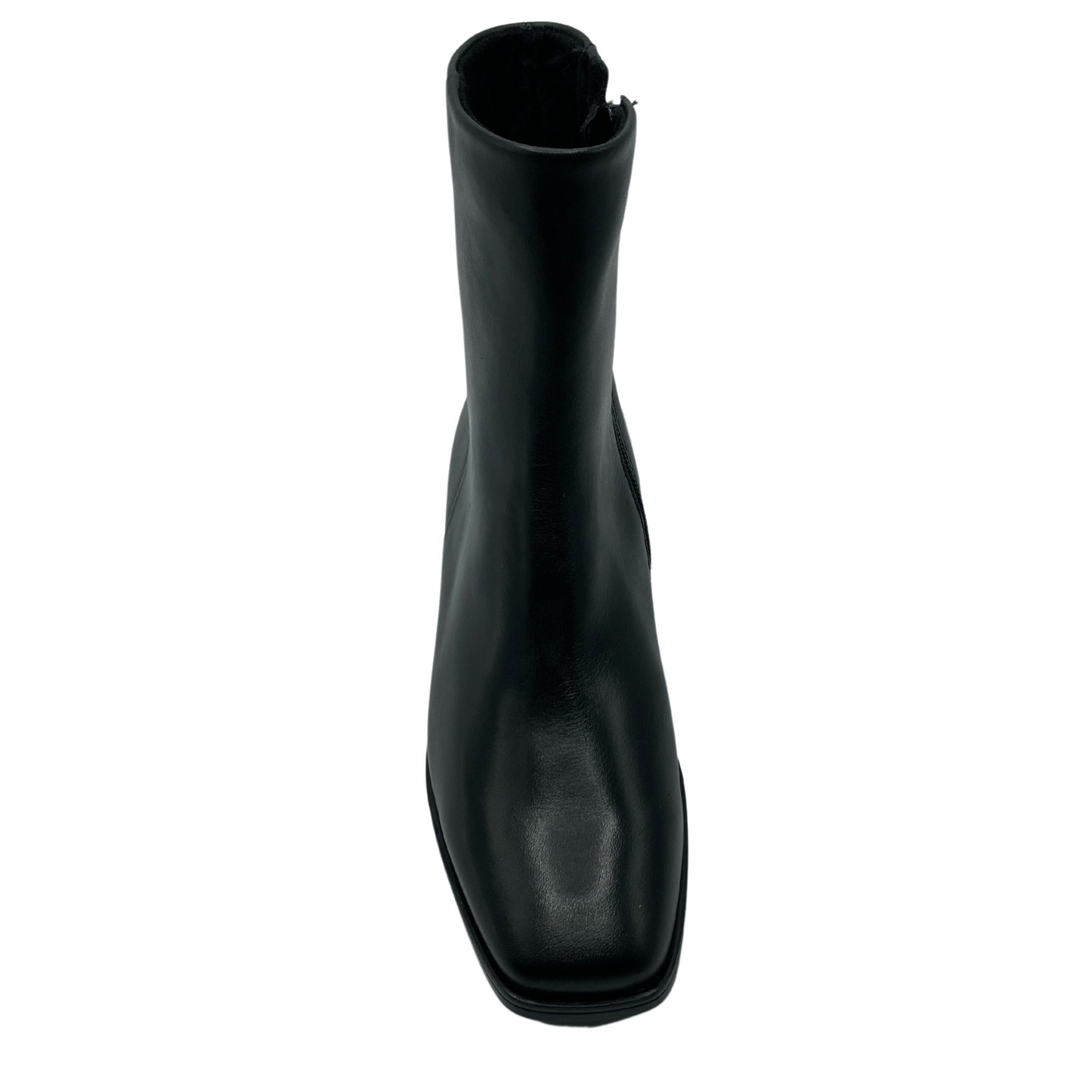 Top view of black leather short boot with square toe and side zipper closure
