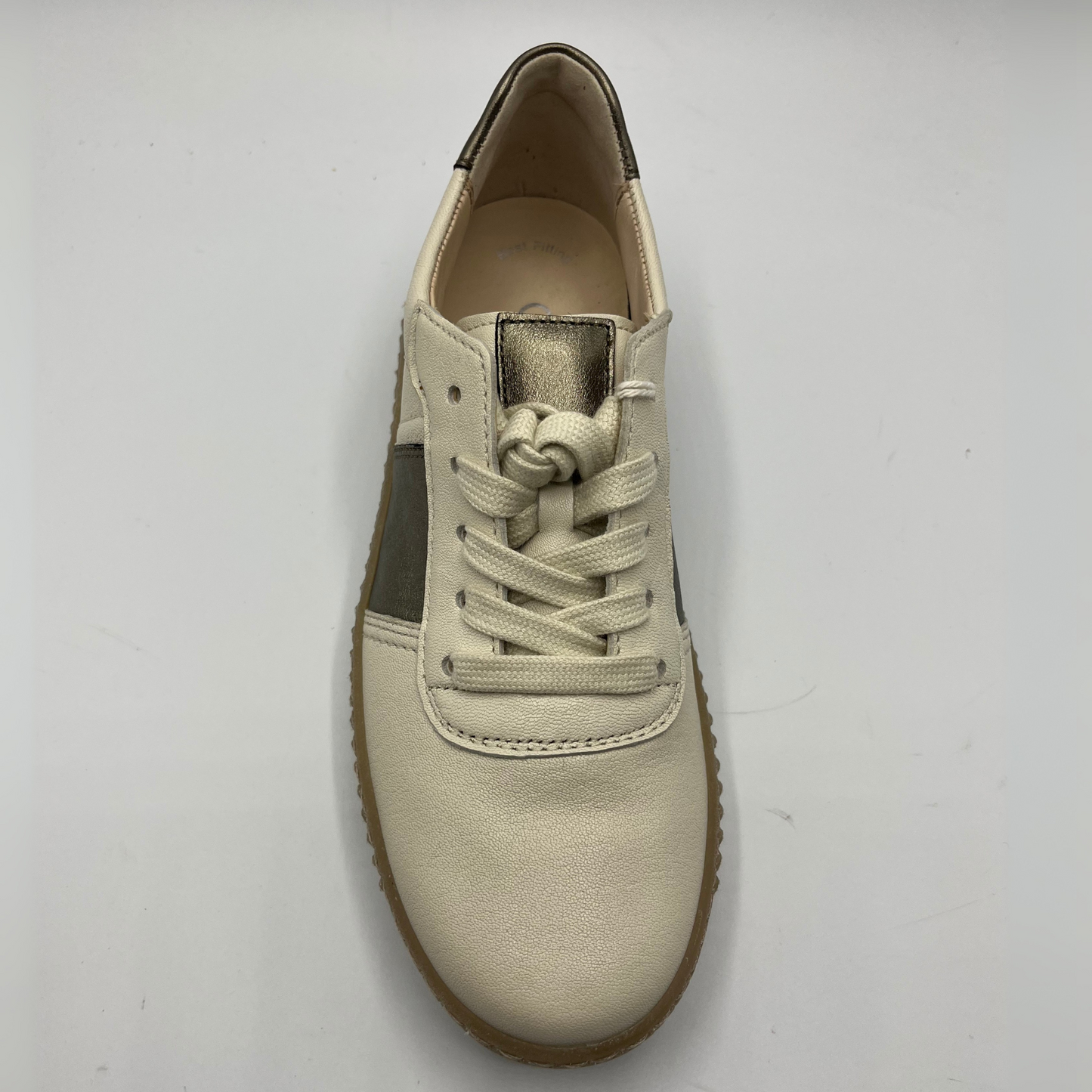 Top view of a beige leather shoe with metallic accents and a lace up design