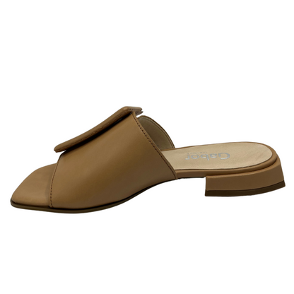 Left facing view of brown leather slip on sandals with a low wrapped heel and an oversized buckle detail on strap