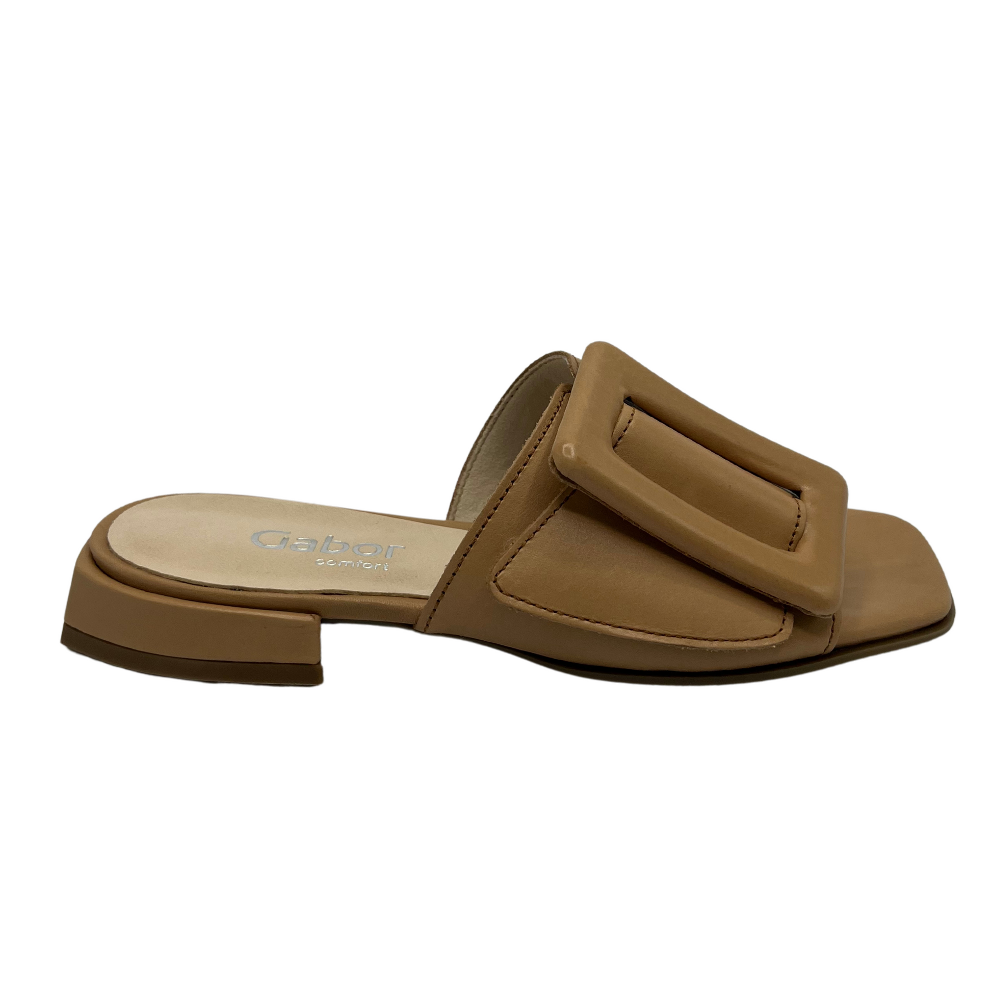Right facing view of brown leather slip on sandals with a low wrapped heel and an oversized buckle detail on strap