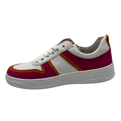 Left facing view of white, fuchsia and orange sneaker with white laces and rubber outsole.