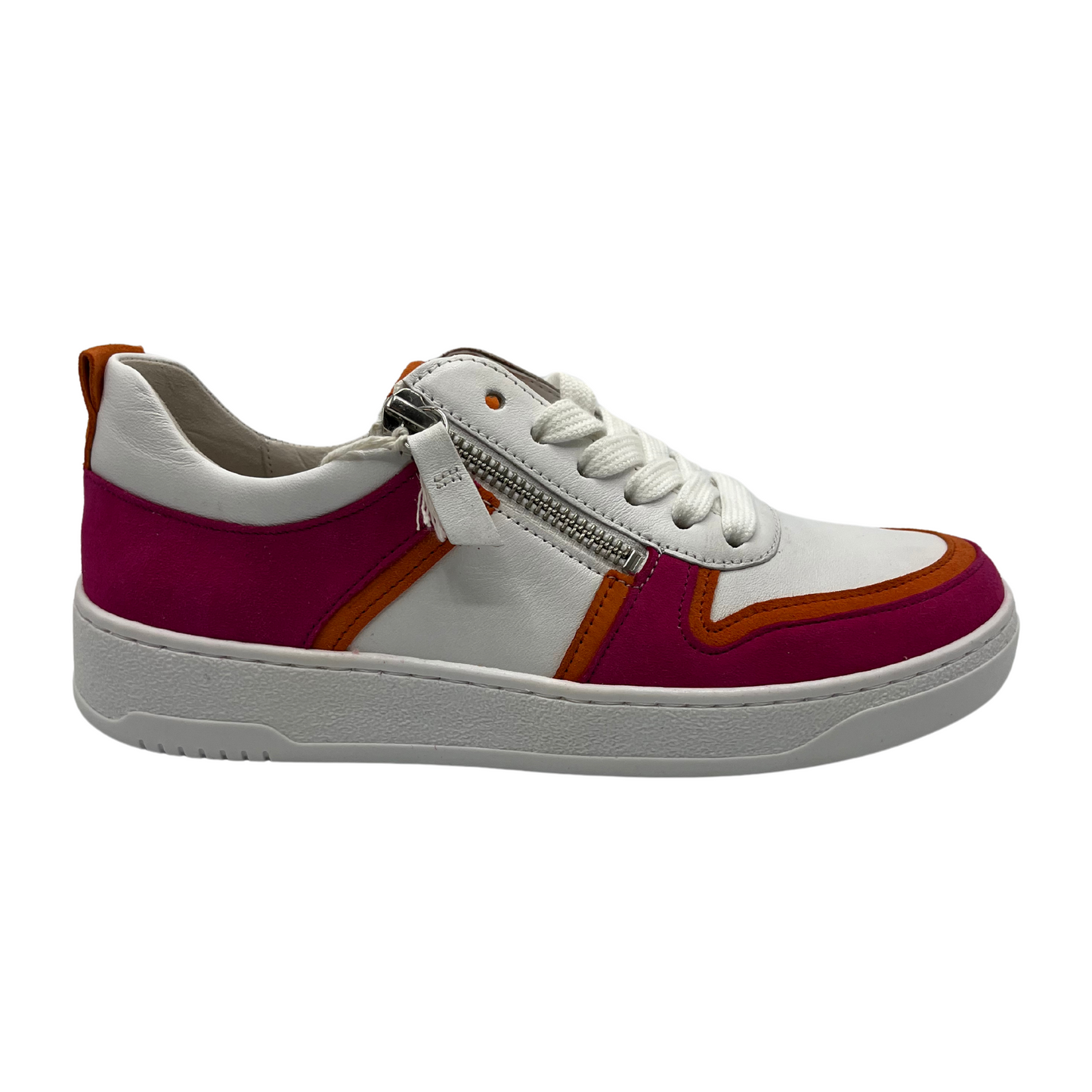 Right facing view of white, fuchsia and orange sneaker with white laces and rubber outsole.