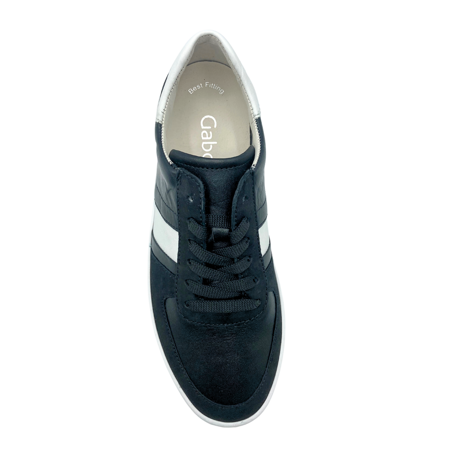Top down view of a fashion sneaker by Gabor. Black leather upper with black laces. White stripe details on both the inside and outside mid foot.