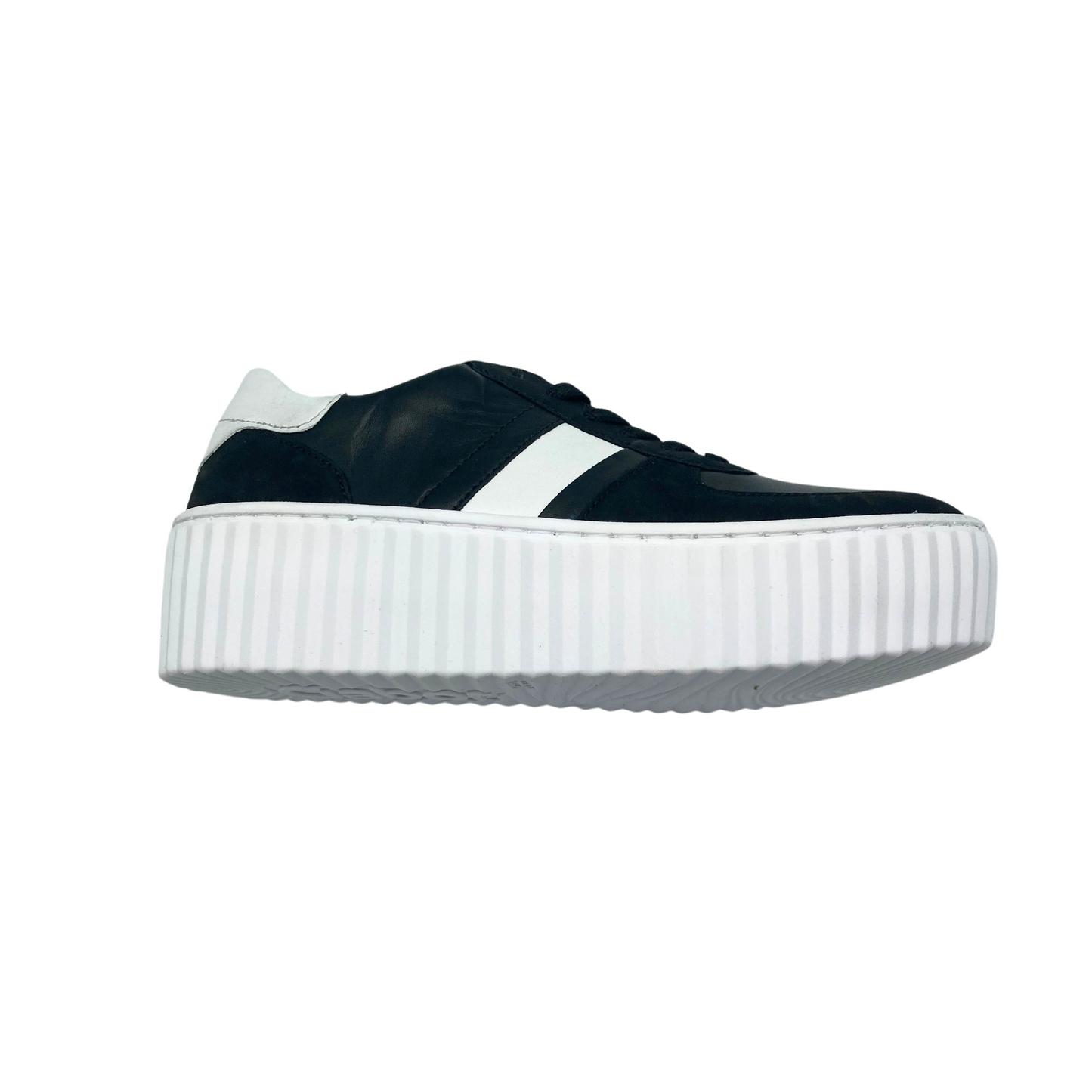 Outside view of a platform sneaker. Black leather with black laces, white stripe on inside and out plus white cap on heel.
