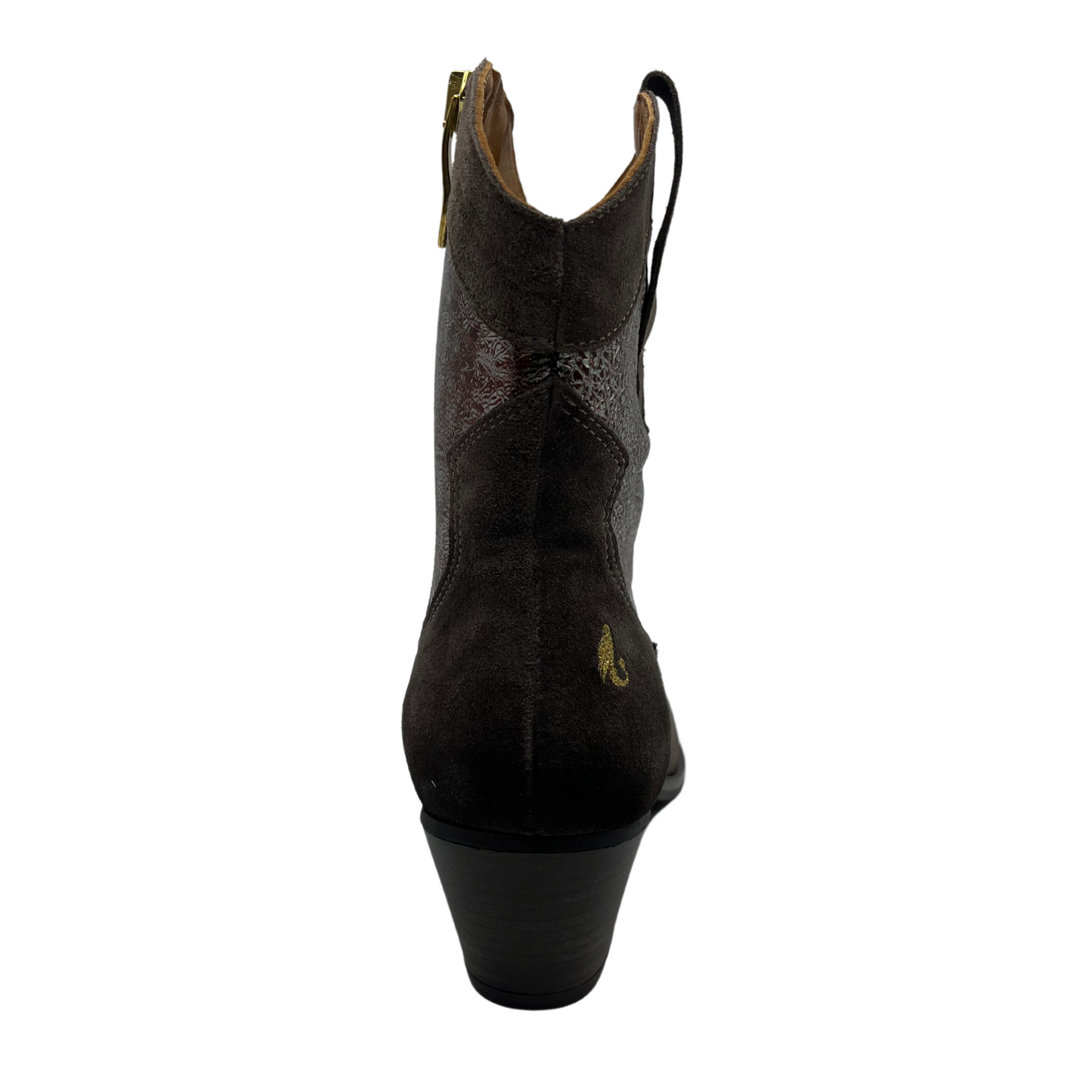 Back view of western style leather boot with pointed toe and short block heel.