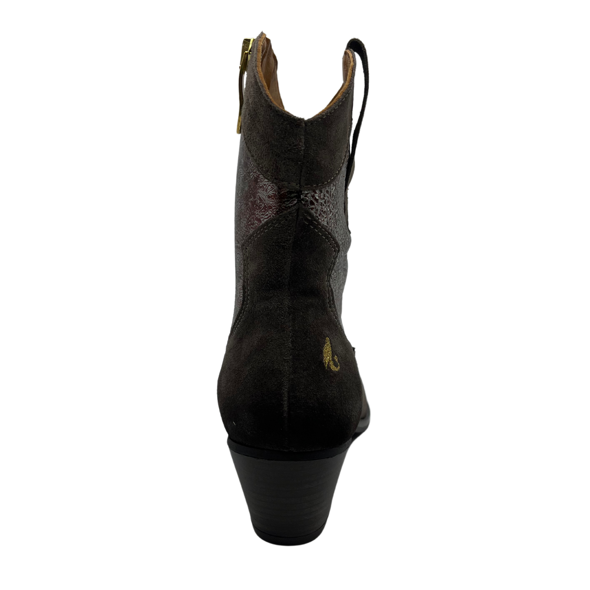 Back view of western style leather boot with pointed toe and short block heel.