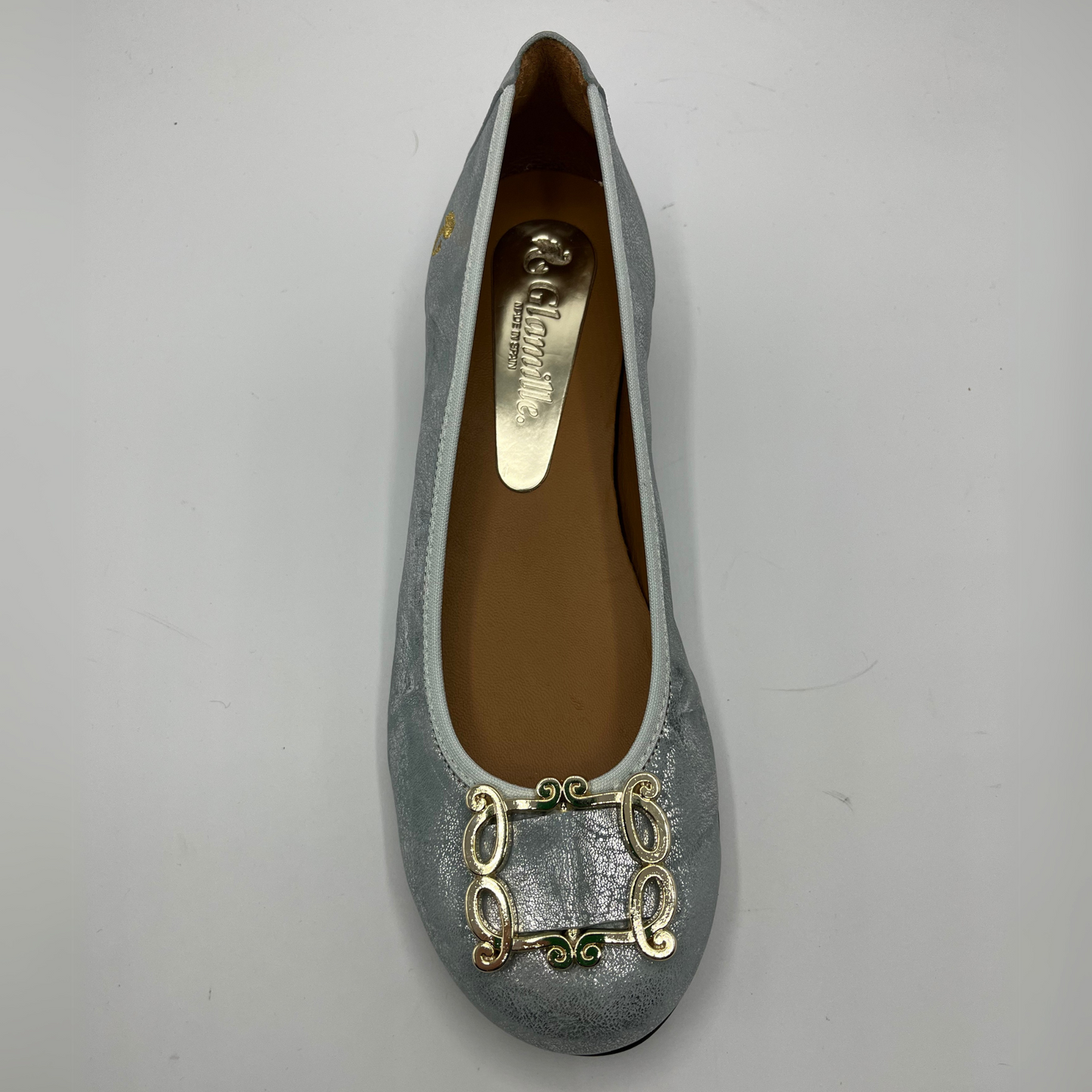 Top view of a blue pearl ballet flat with a short wrapped heel, cushioned insole and stretchy upper.