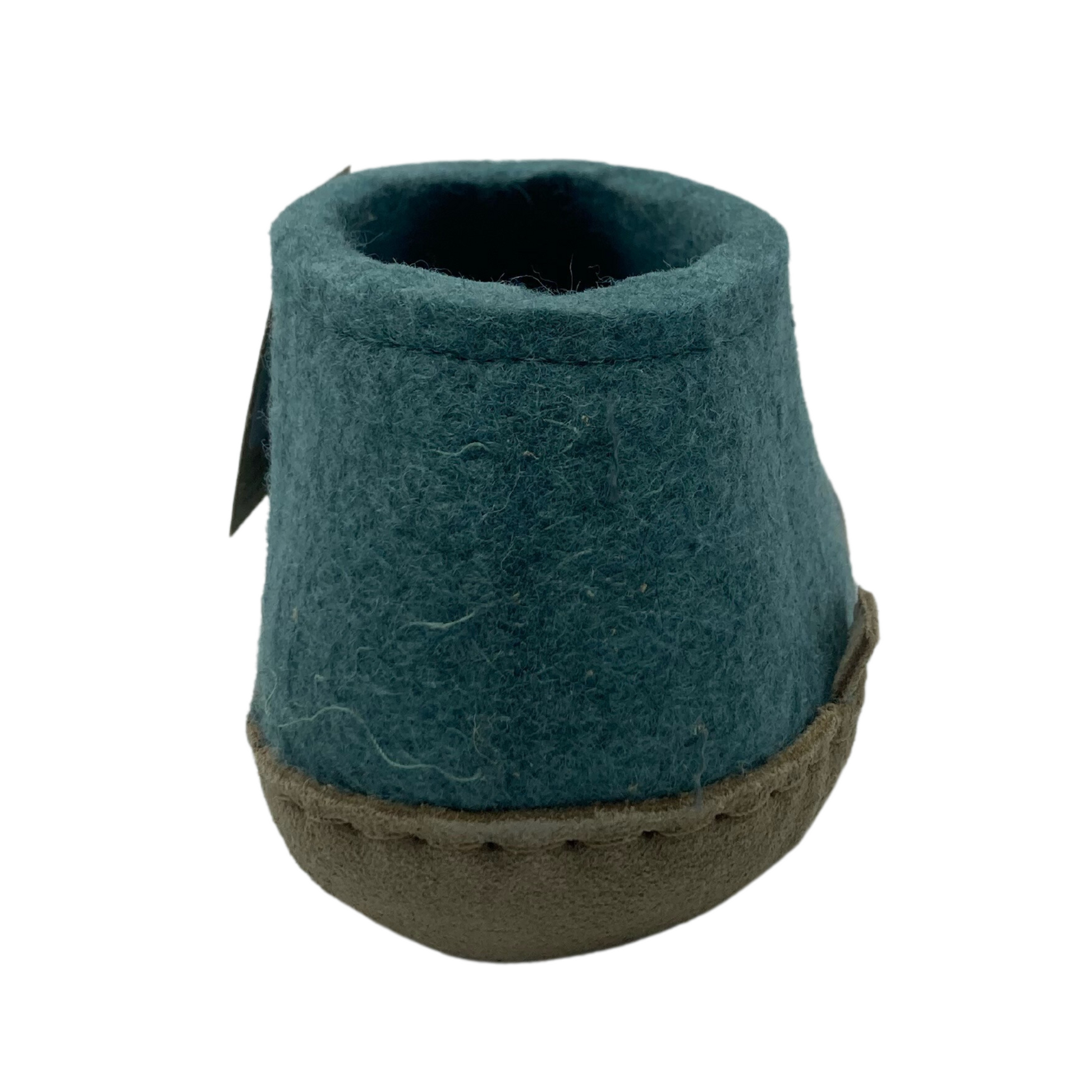 Back view of felted wool shoe with suede leather sole
