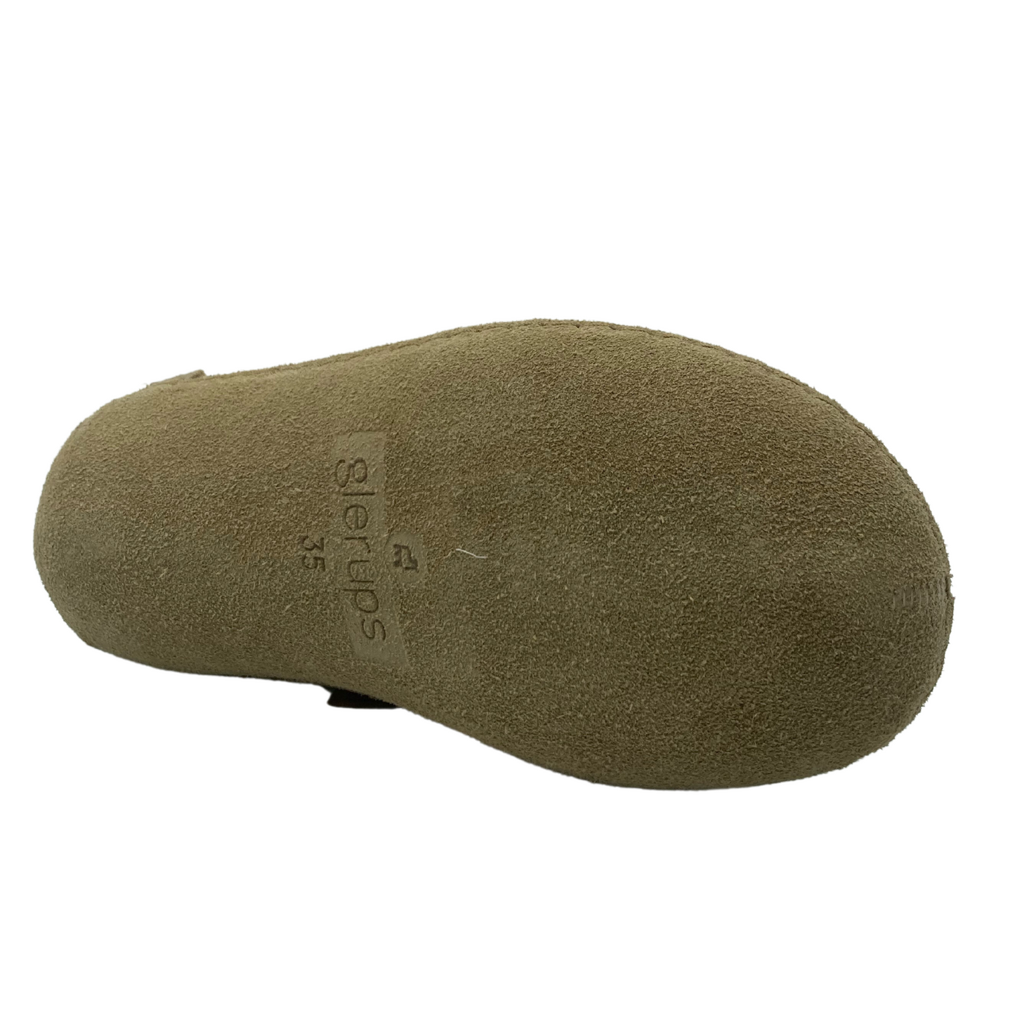 Bottom view of white felted wool slip-on shoe with brown leather outsole