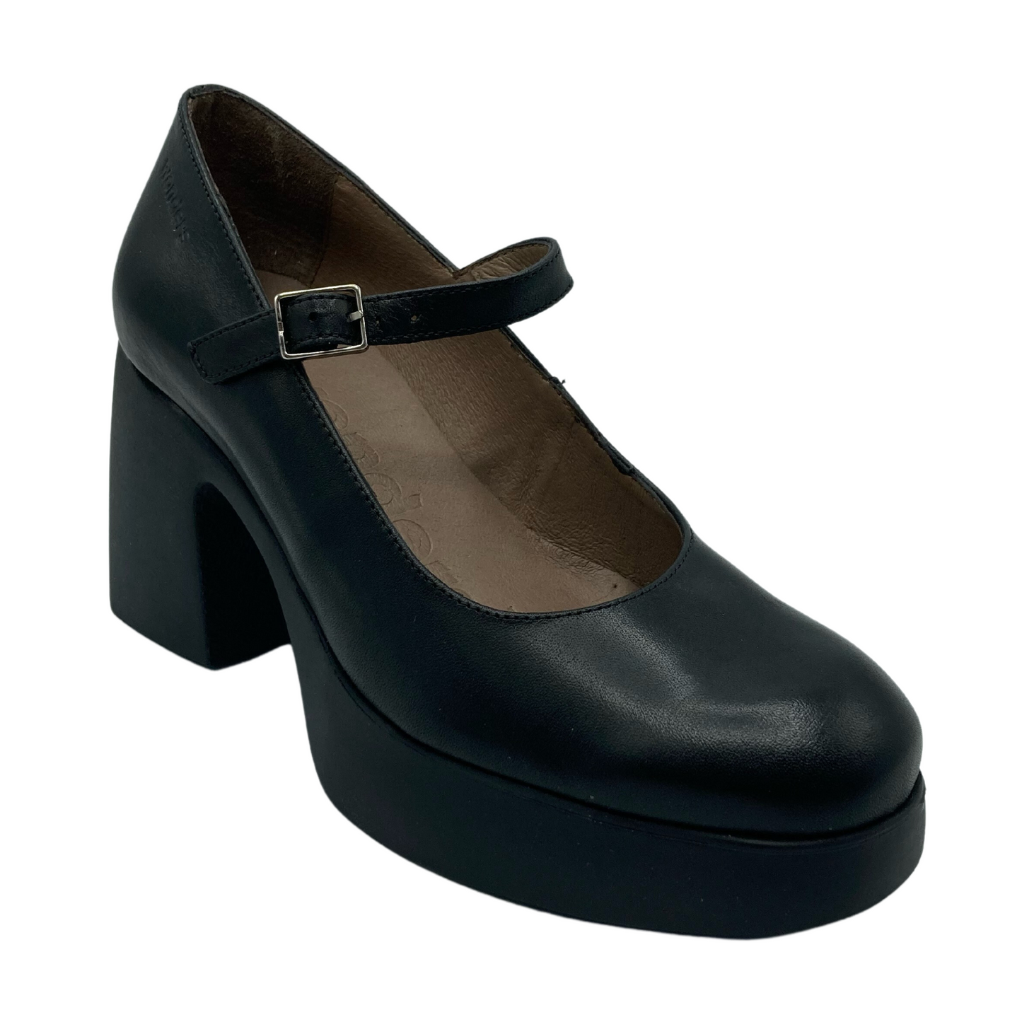 Angled view of black leather mary jane shoe with chunky heel