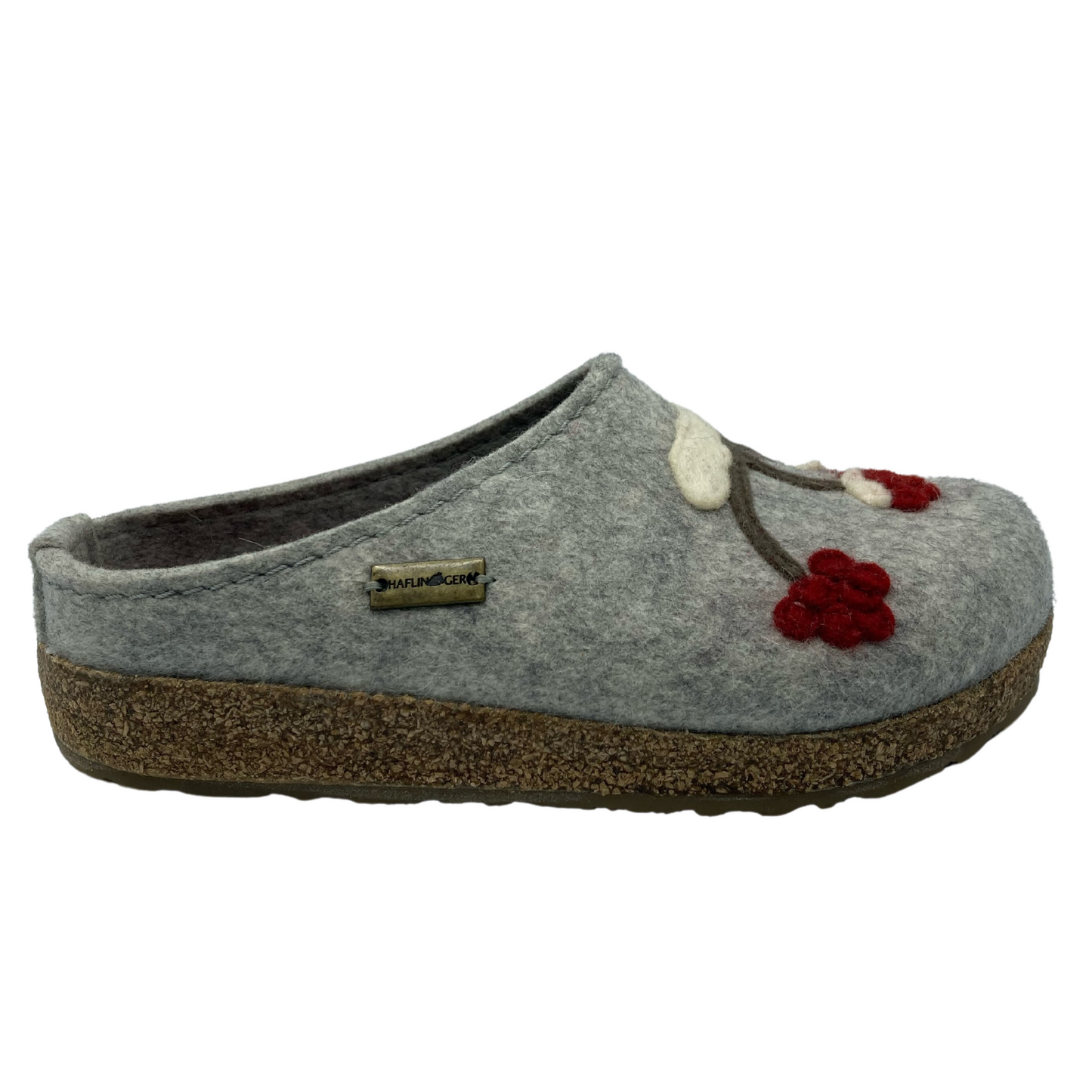 Right facing view of grey wool felt clog with cork outsole and felt detail on toe box