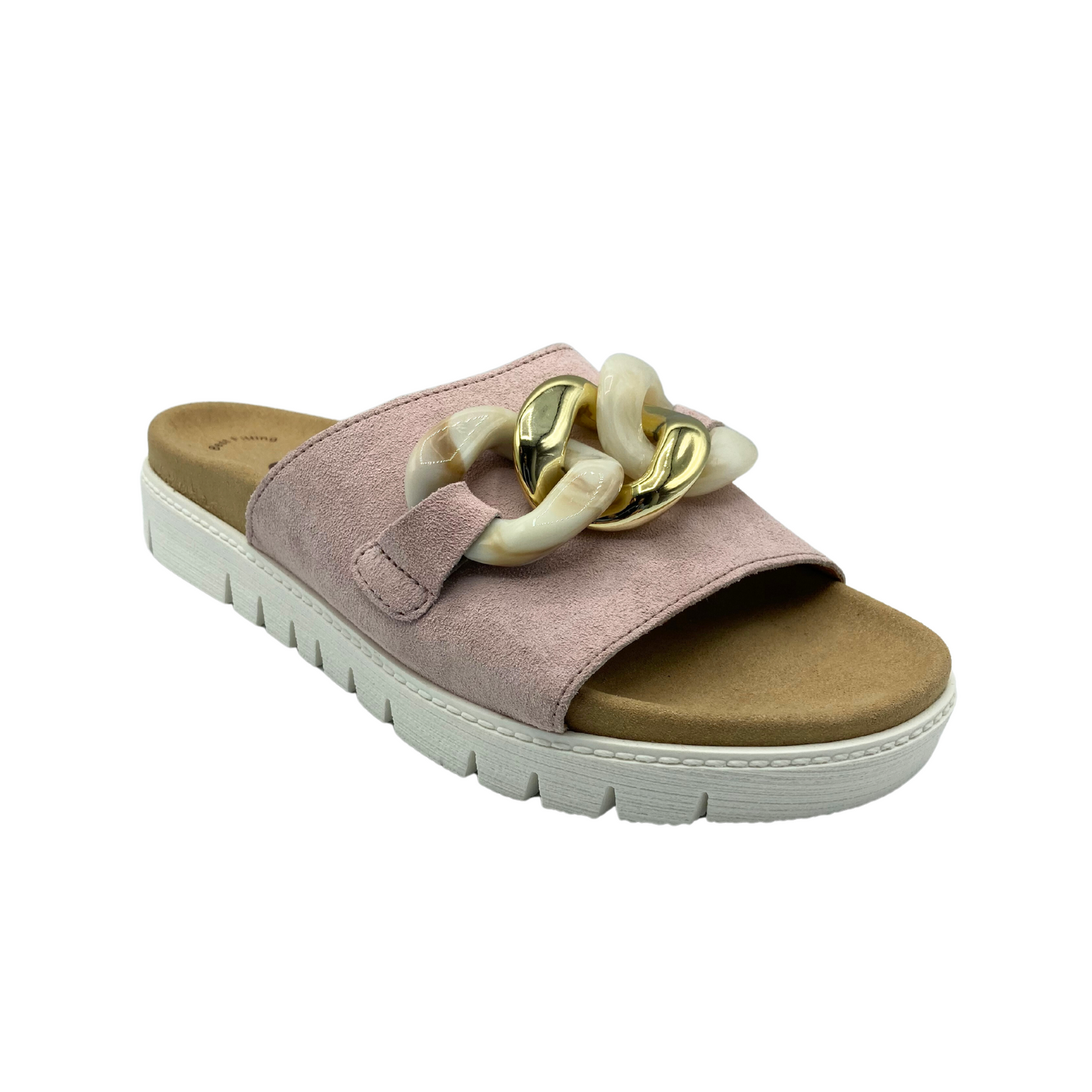 Angled front view of a slide in a nude/soft pink hue.