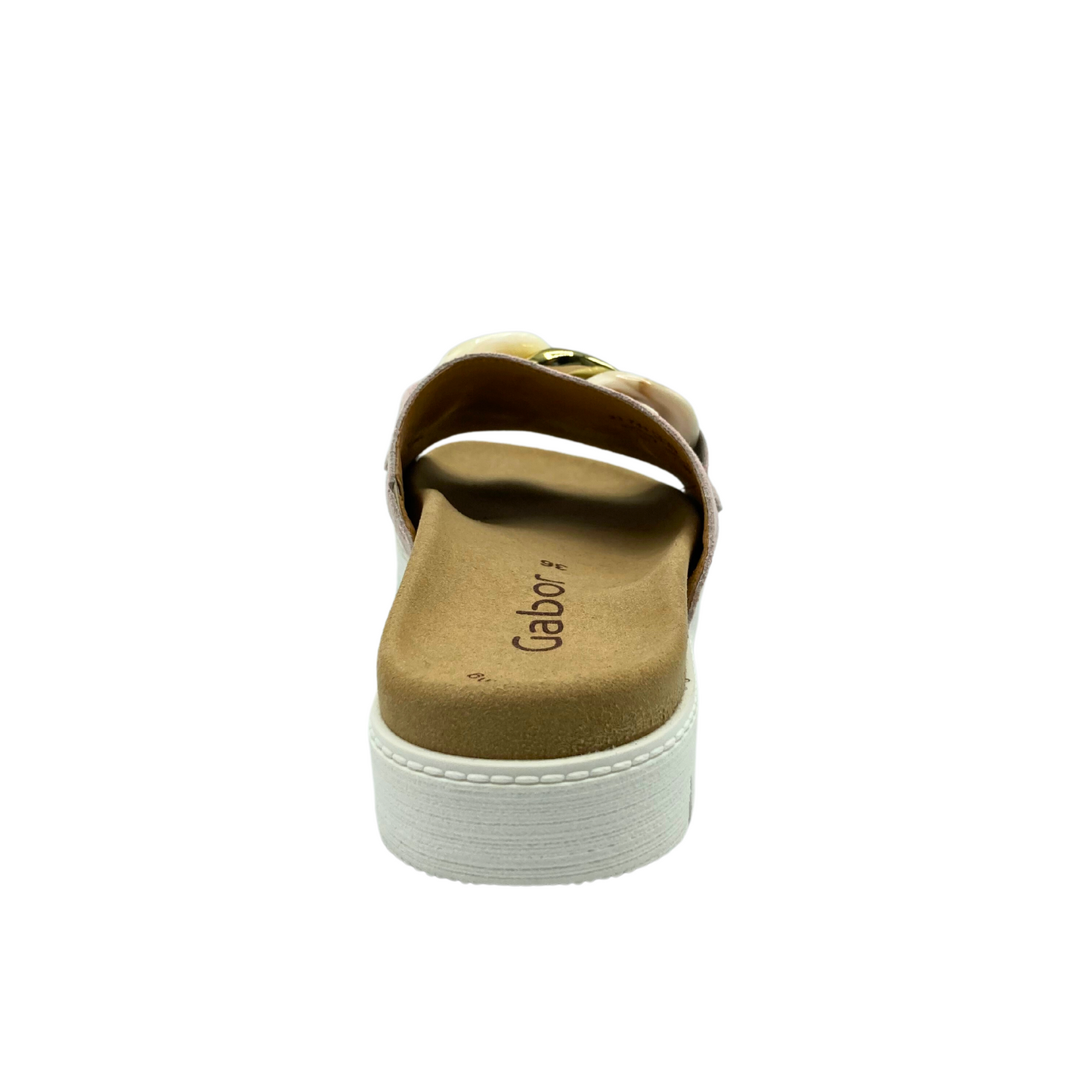 Rear view of a summer slide sandal with whie sole