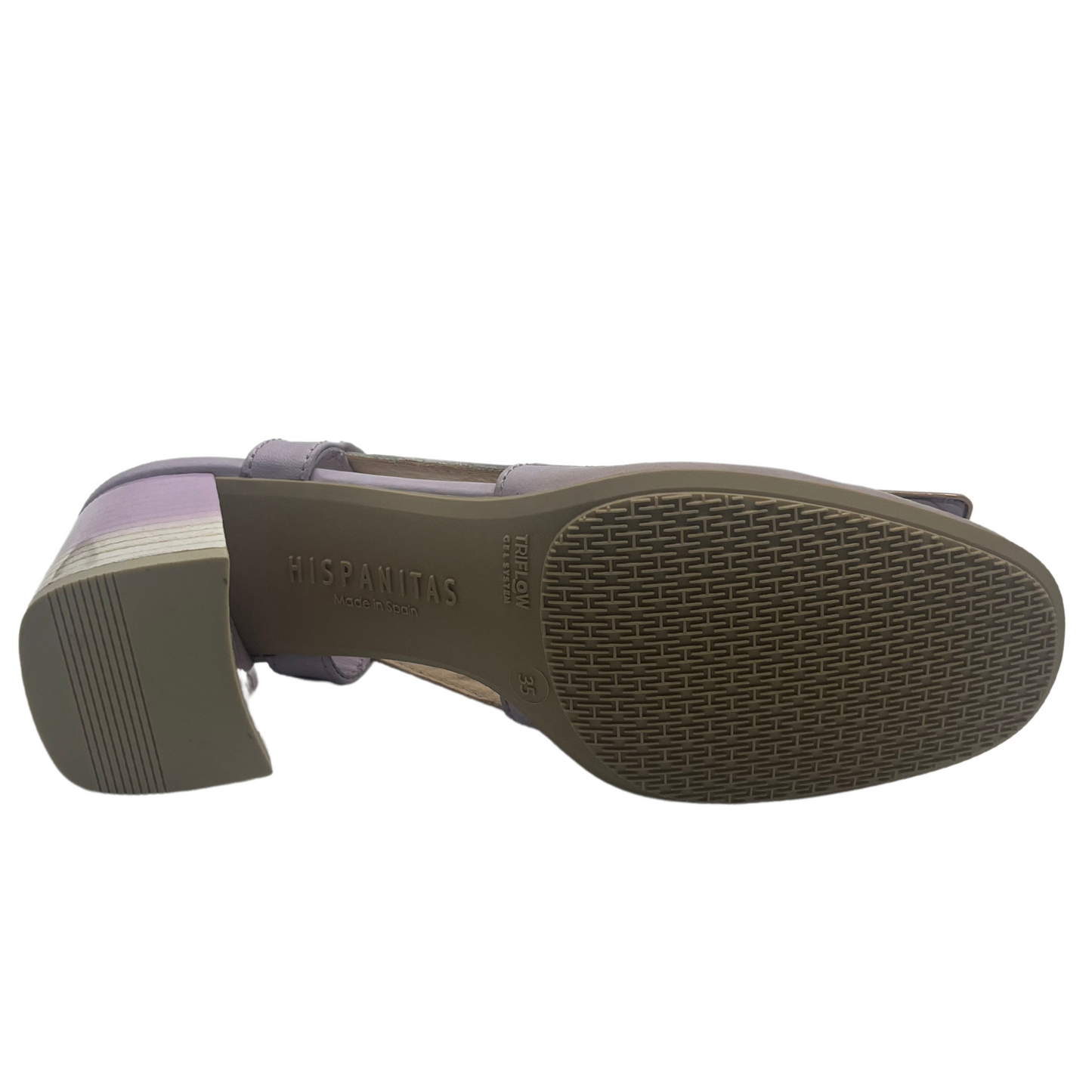 Bottom view of lavender pump with chunky heel