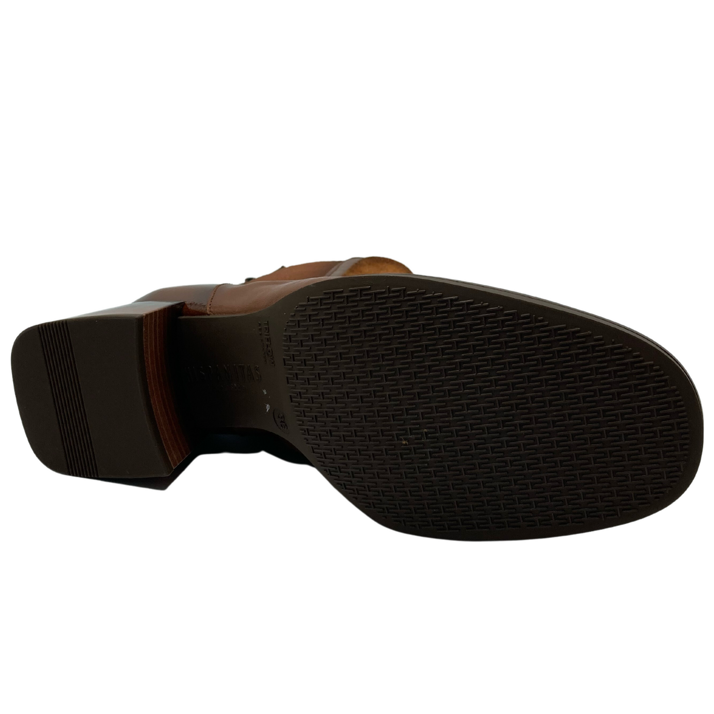 Bottom view of brown leather short boot with block heel and rubber outsole