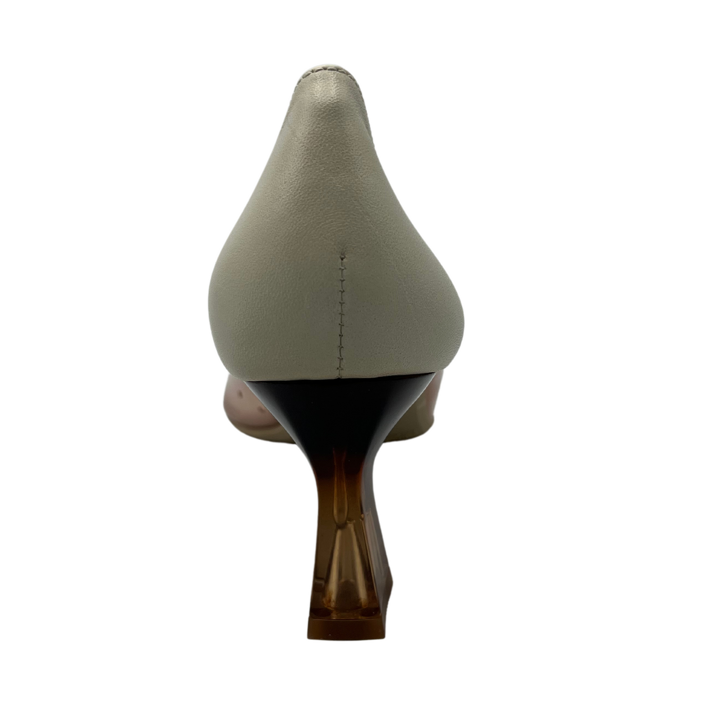 Back view of white and nude pump with pointed toe and flared heel