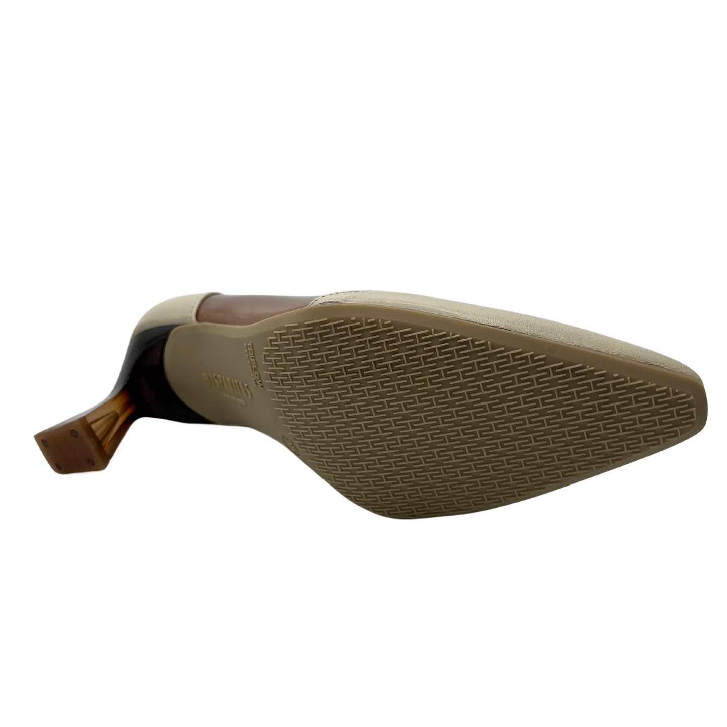 Bottom view of white and nude pump with pointed toe and flared heel