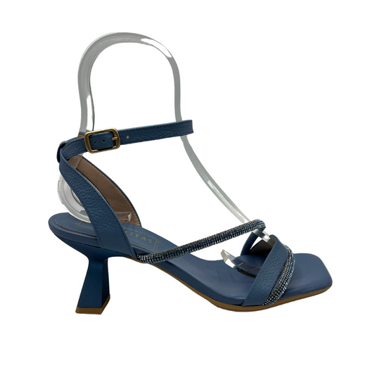 Right facing view of blue leather strappy sandal with a flared kitten heel and embellished accent straps.