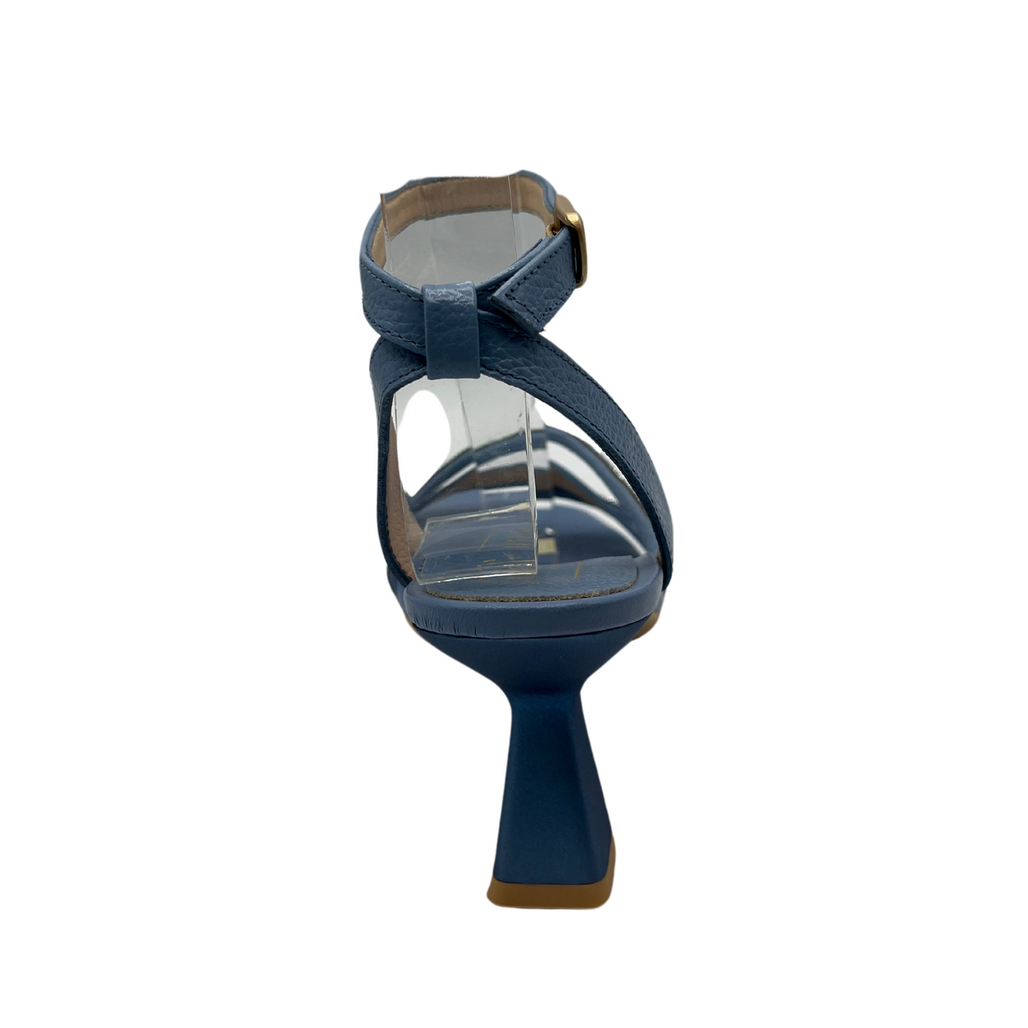 Back view of blue leather strappy sandal with a flared kitten heel and embellished accent straps.