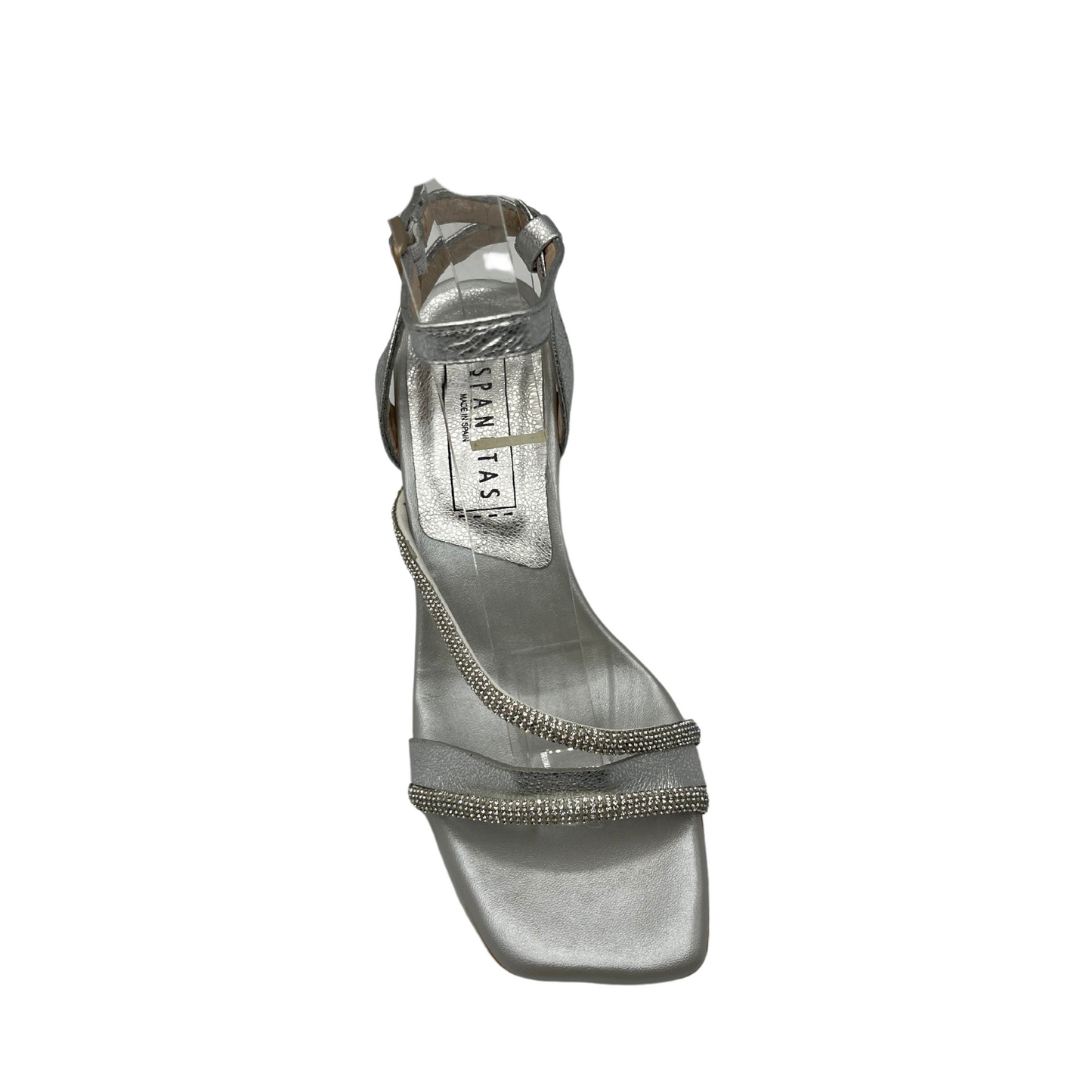 Top view of silver leather strappy sandal with a flared kitten heel and embellished accent straps.