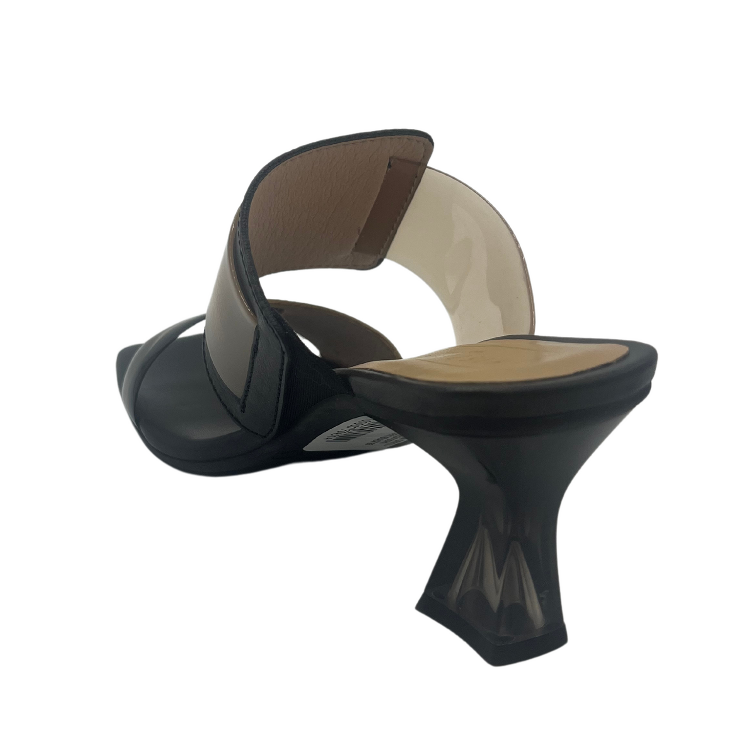 Back angled view of leather and vinyl shoe with flared lucite heel