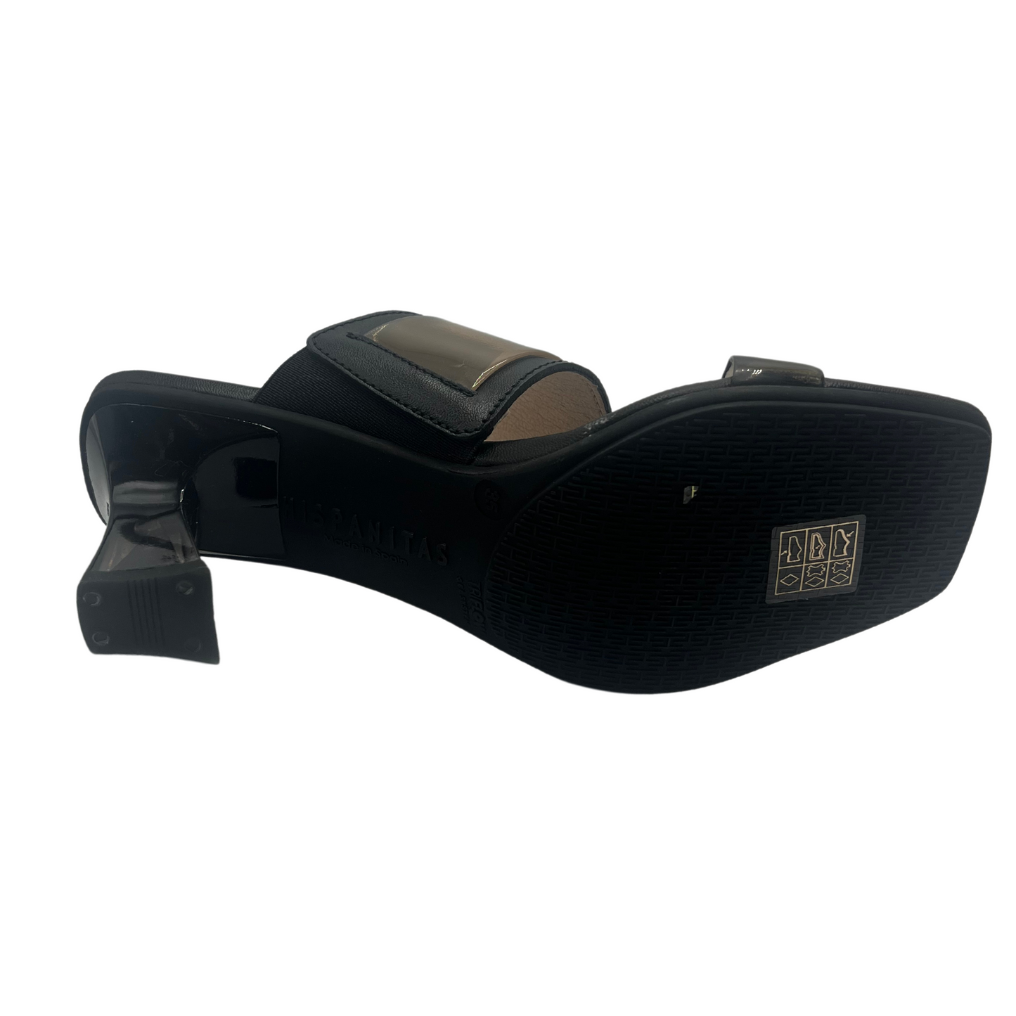 Bottom view of leather and vinyl sandal with square toe and flared lucite heel