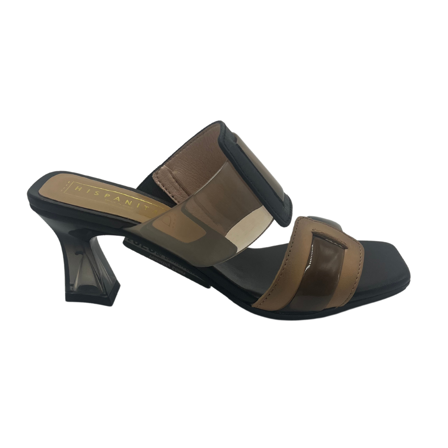 Right facing view of leather and vinyl heel with square toe and flared lucite heel