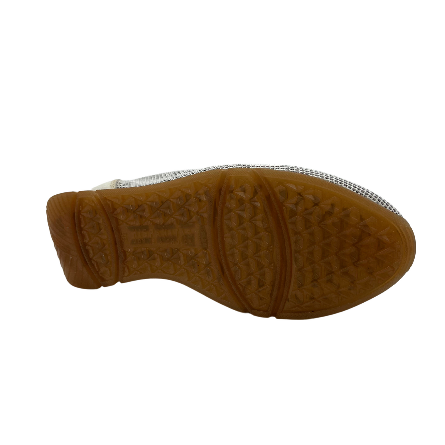 Bottom view of white coloured loafer sneaker with mesh sides, white rubber sole and gold detail on upper