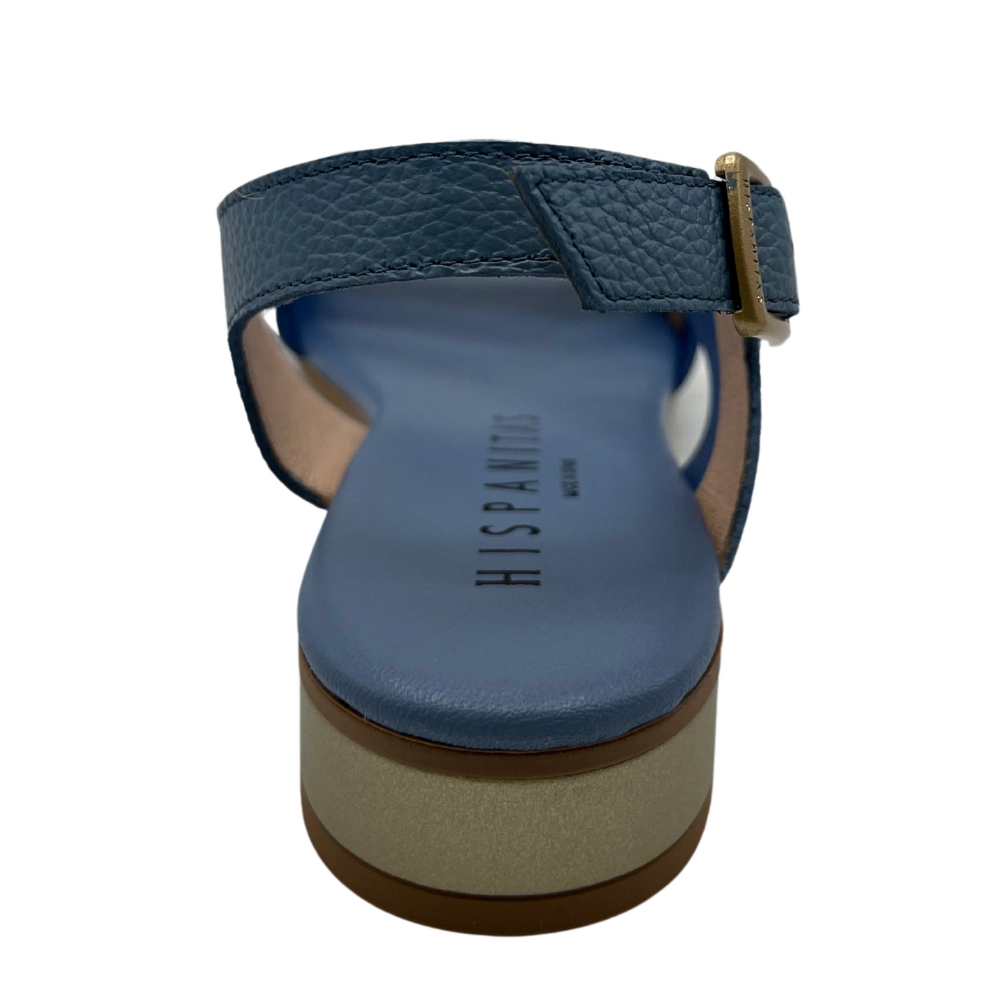 Back view of blue leather and vinyl sandal with buckle strap and low heel