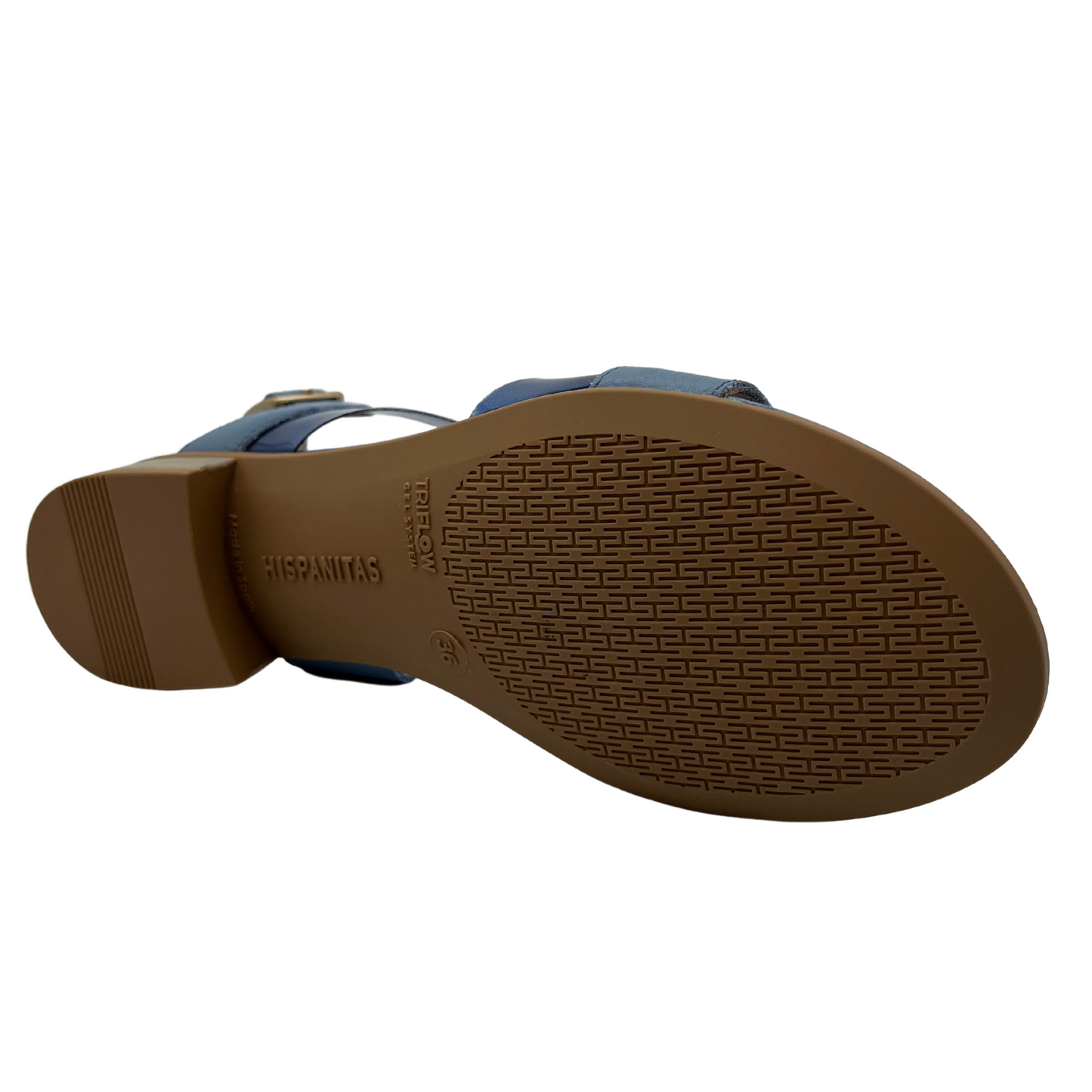 Bottom view of blue leather and vinyl sandal with buckle strap and low heel