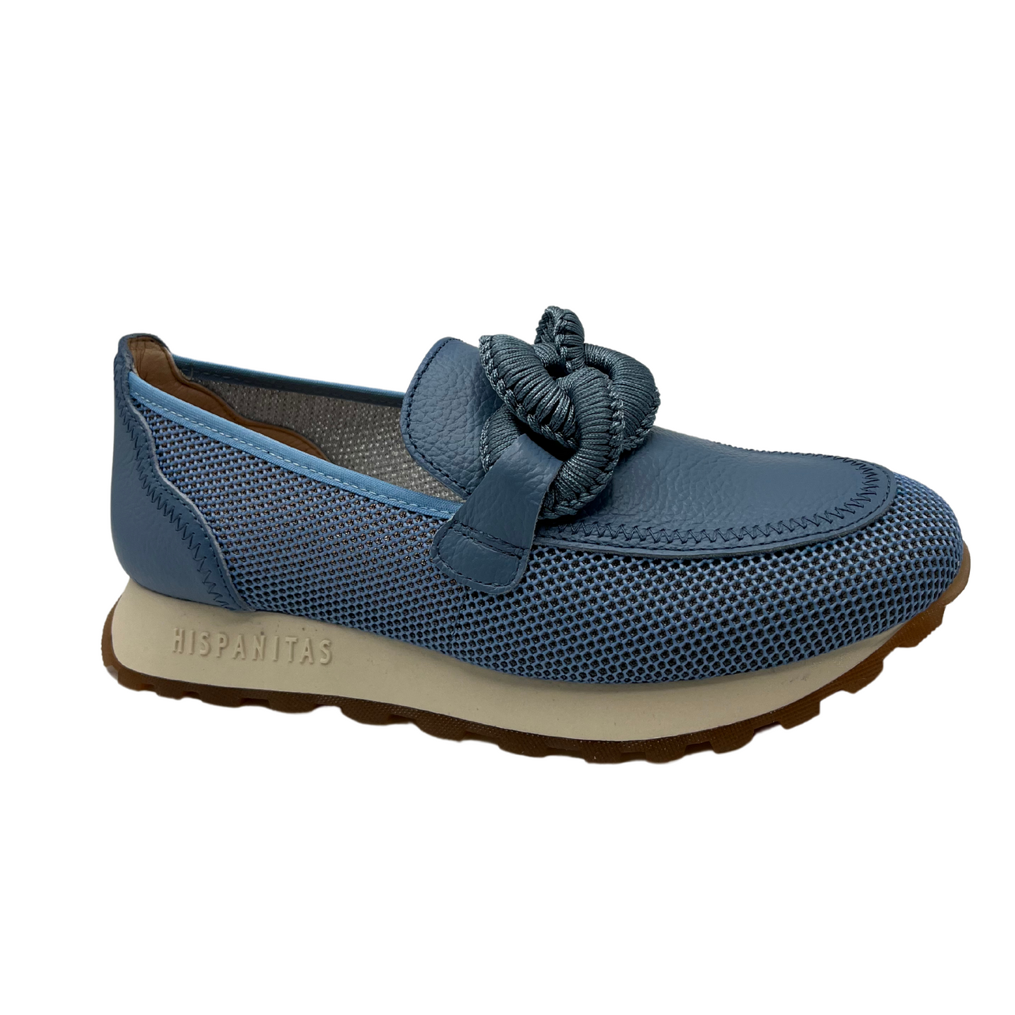 Angled view of blue leather loafer with mesh sides, thick outsole and chain detail on upper.