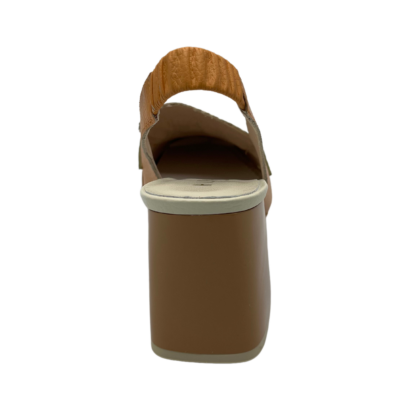 Back view of leather shoe with an elastic sling back strap, soft square toe and chunky heel.