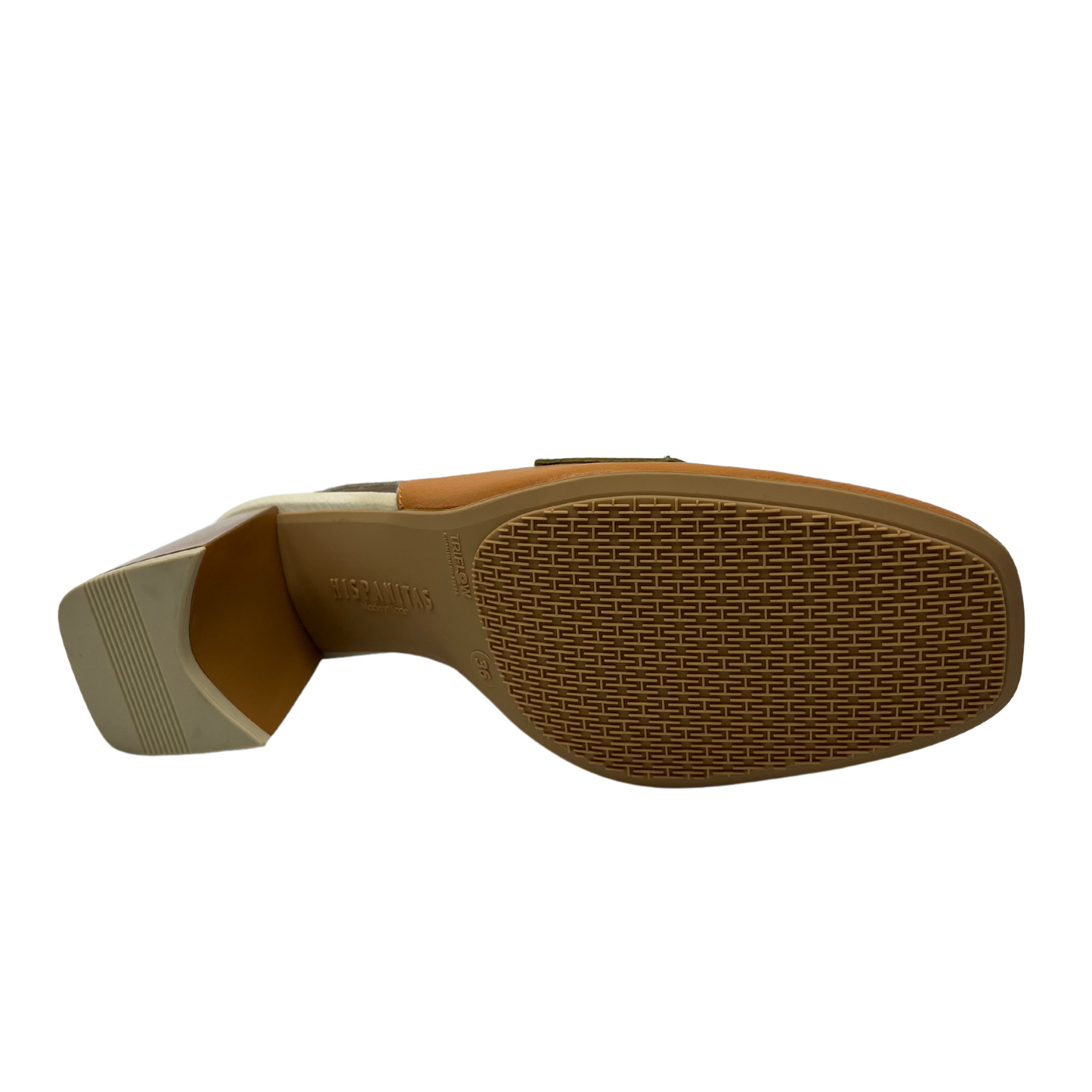 Bottom view of leather shoe with an elastic sling back strap, soft square toe and chunky heel.