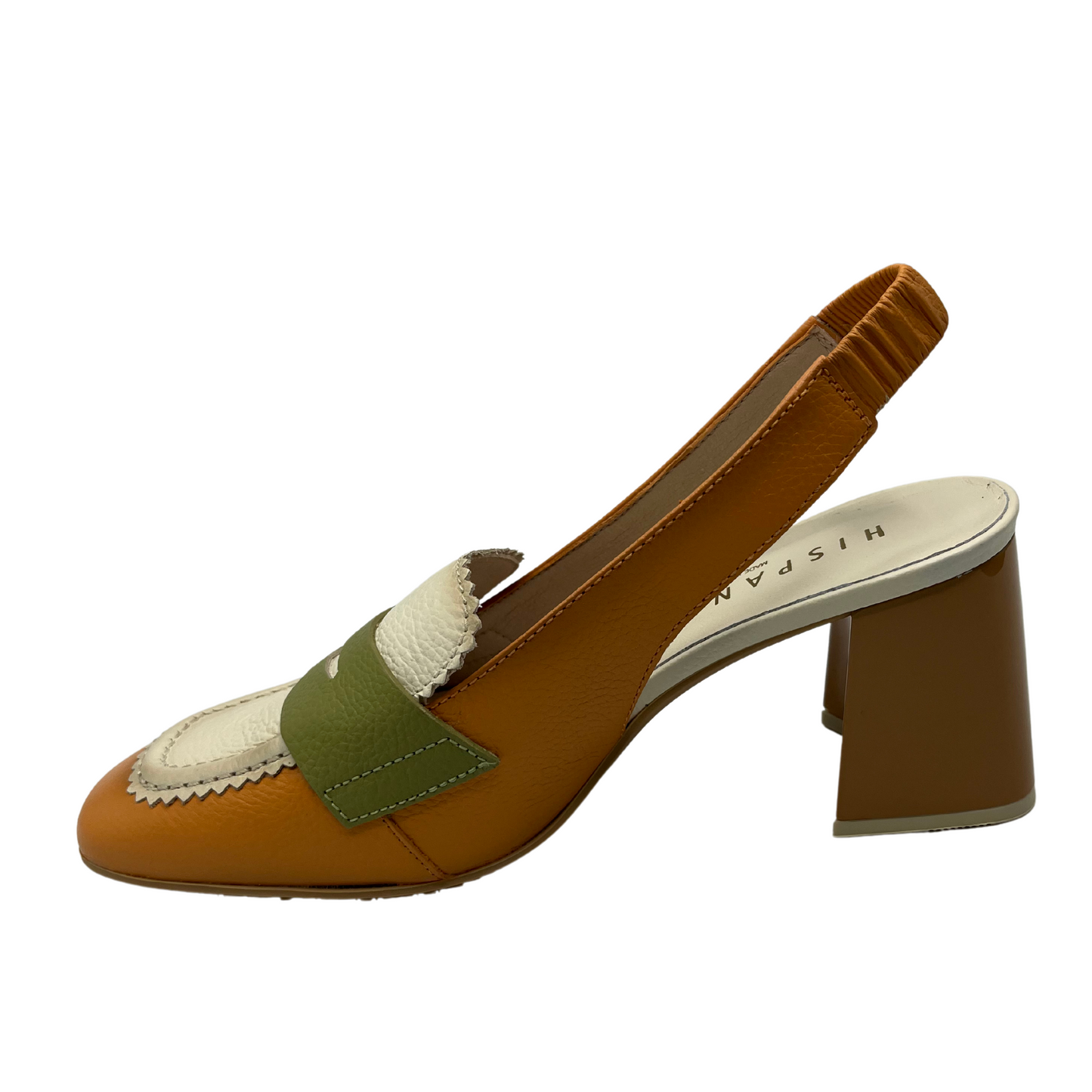 Left facing view of leather shoe with an elastic sling back strap, soft square toe and chunky heel.