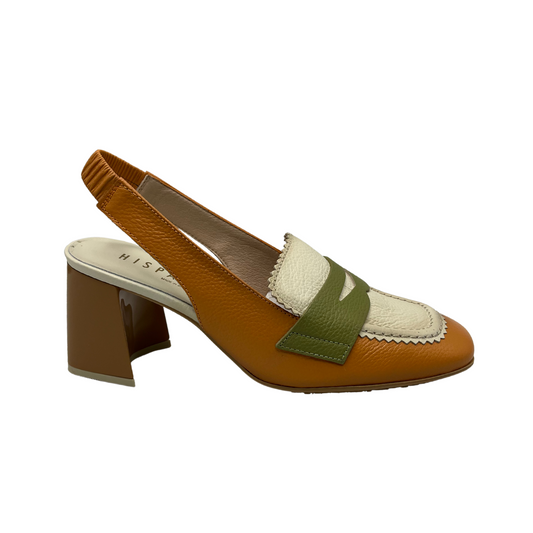 Right facing view of leather shoe with an elastic sling back strap, soft square toe and chunky heel.