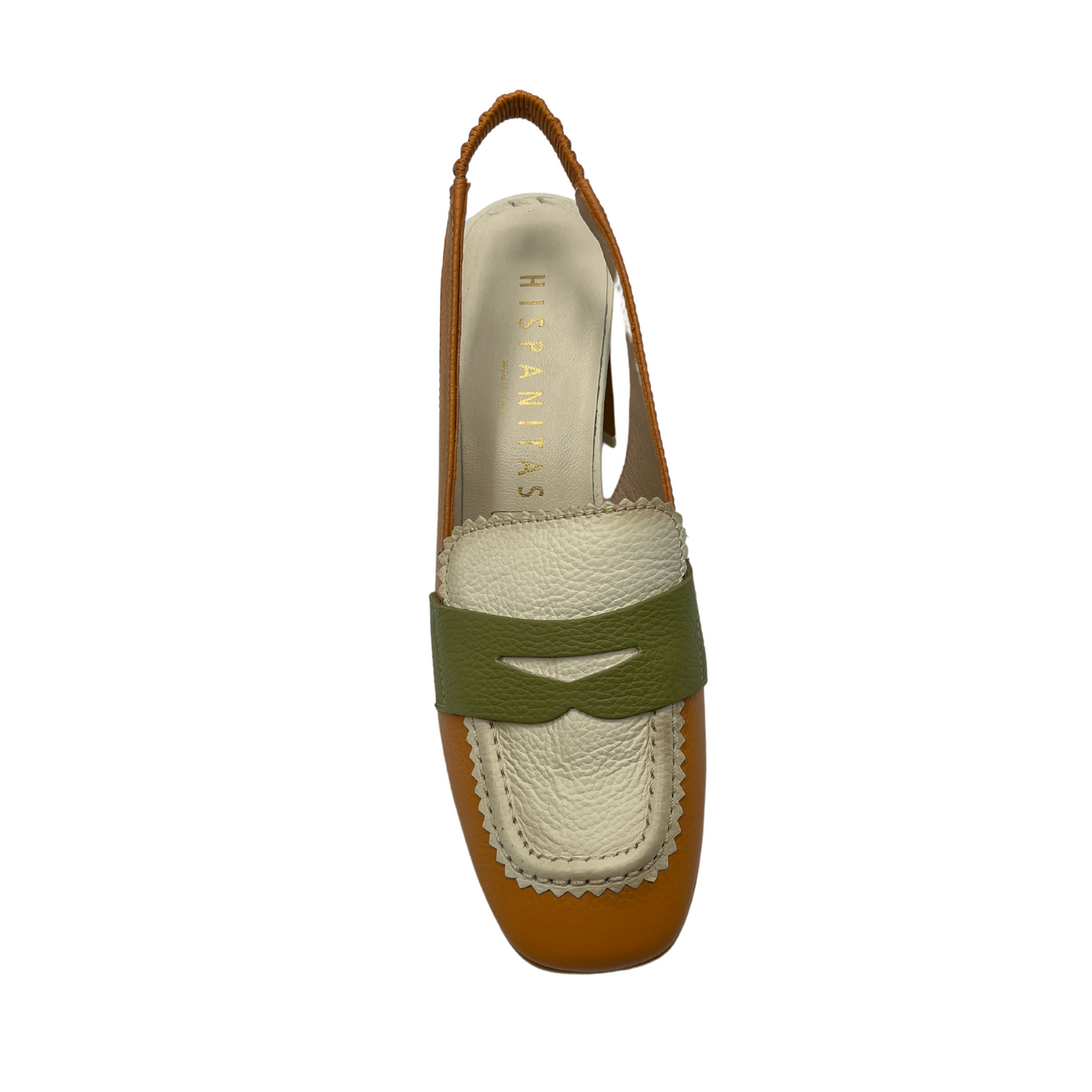 Top view of leather shoe with an elastic sling back strap, soft square toe and chunky heel.