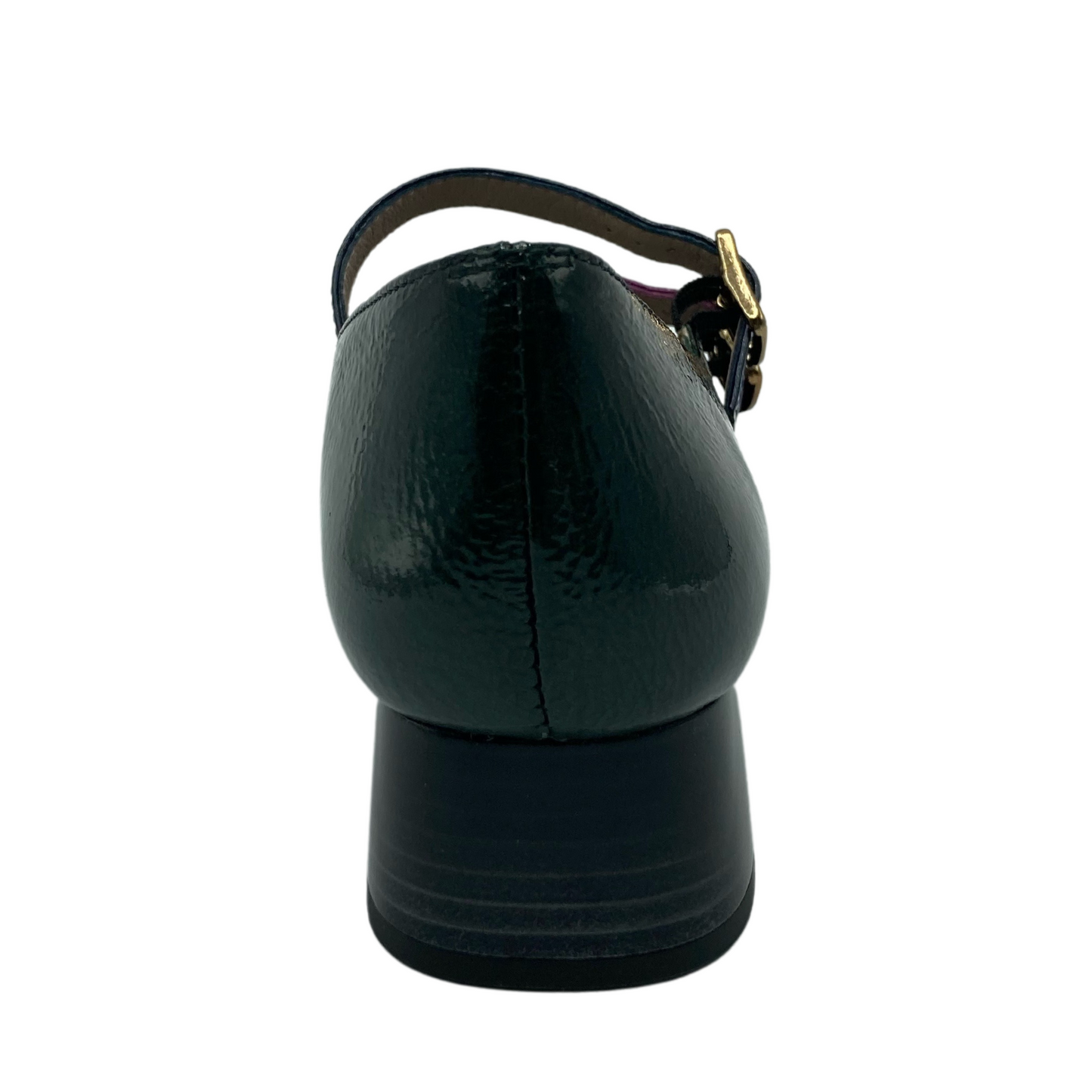 Back view of green leather mary jane with block heel and double straps