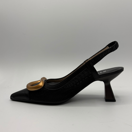 Black high-heeled shoe with a gold buckle on a gray background