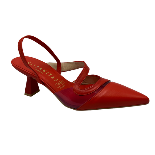 45 degree angled view of red leather pump with a pointed toe, flared heel and sling back strap